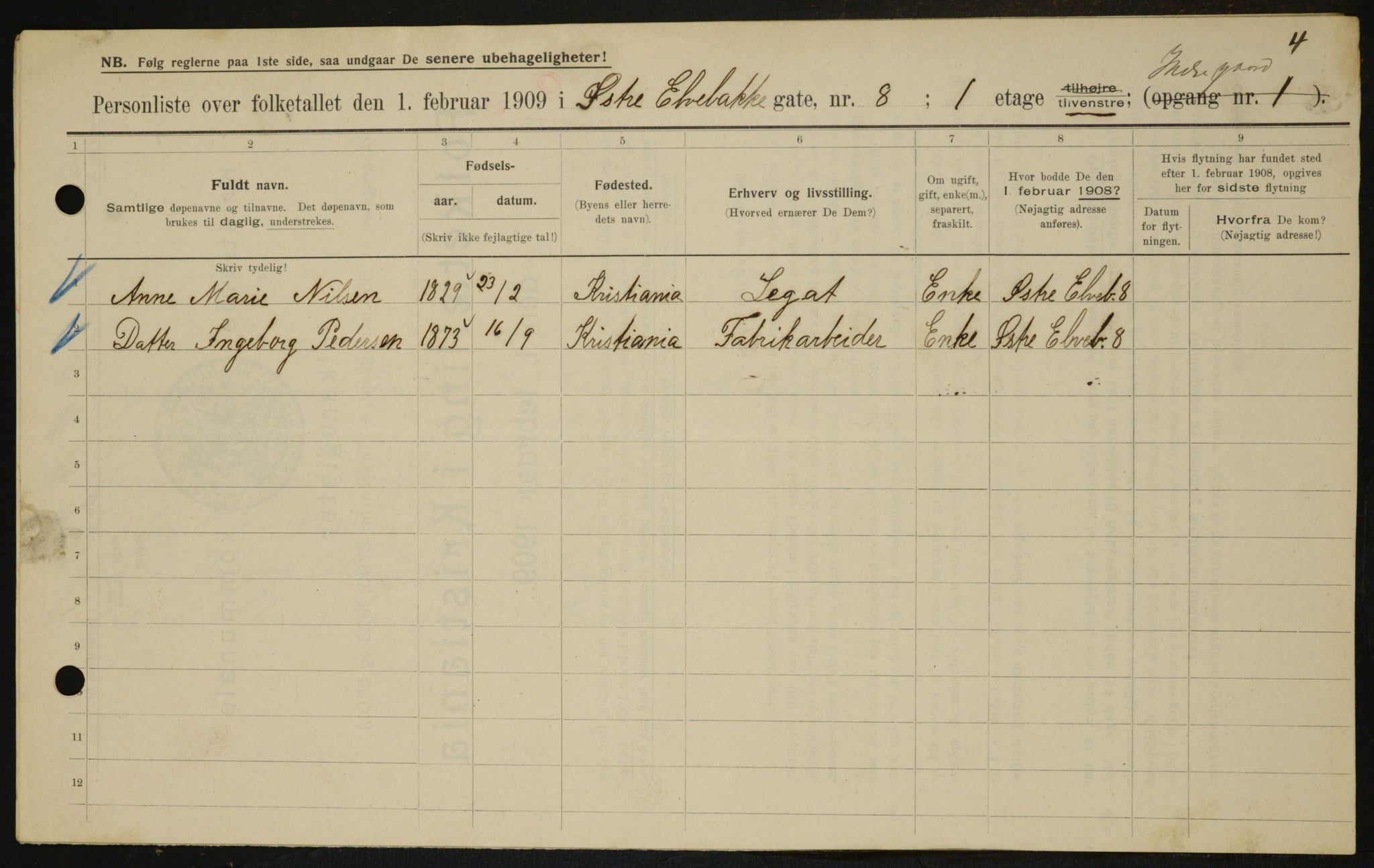 OBA, Municipal Census 1909 for Kristiania, 1909, p. 117491