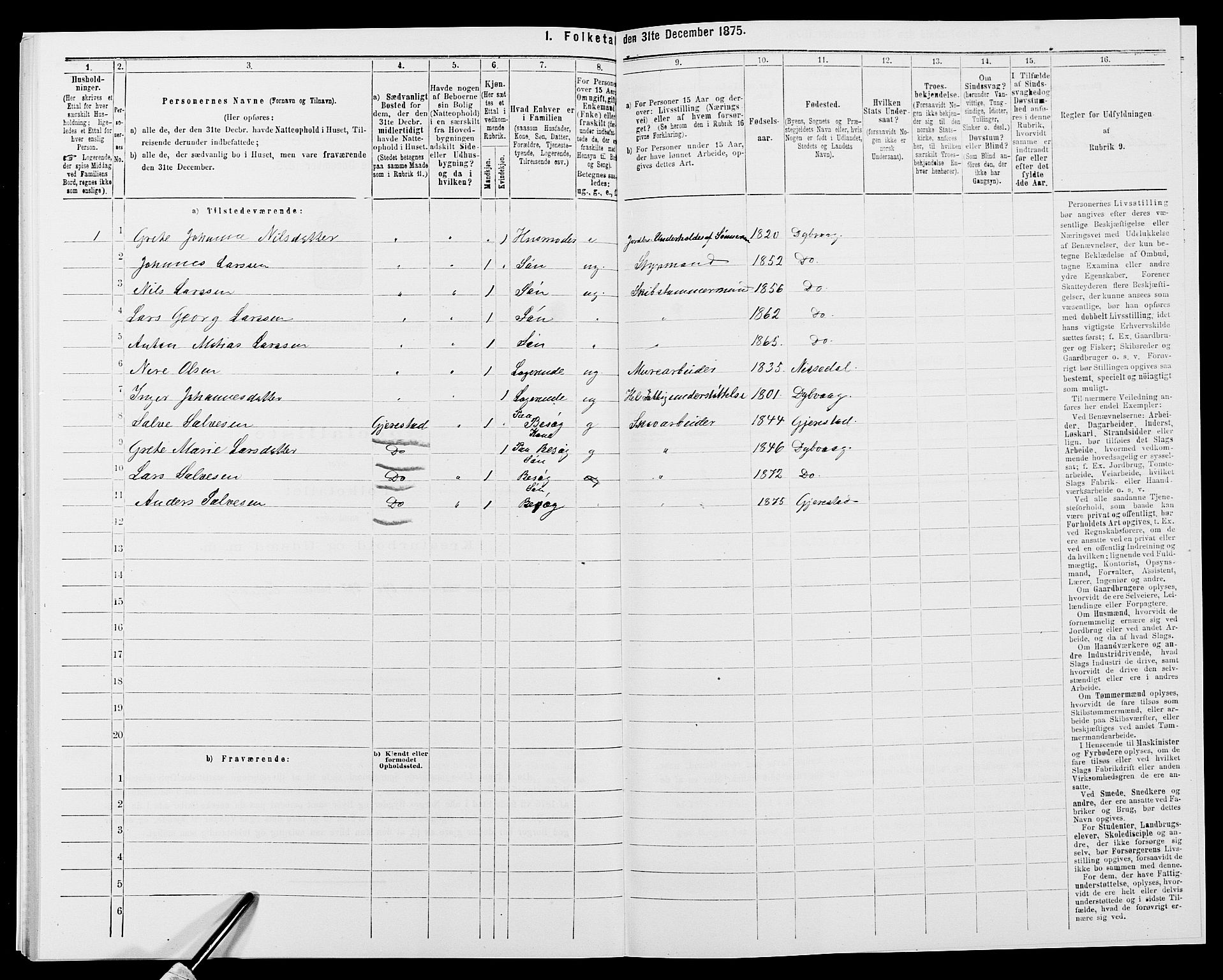 SAK, 1875 census for 0915P Dypvåg, 1875, p. 252