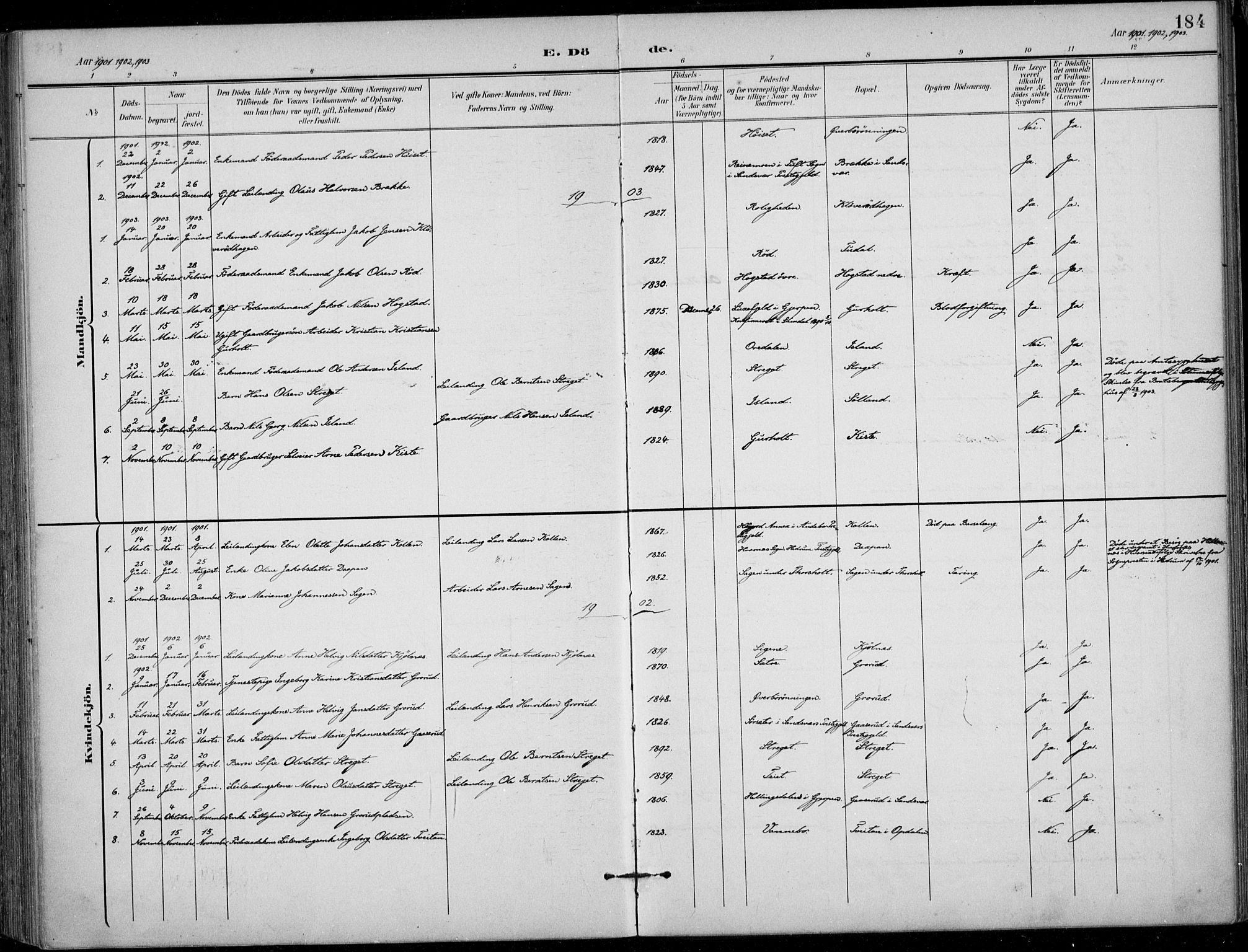 Siljan kirkebøker, SAKO/A-300/F/Fa/L0003: Parish register (official) no. 3, 1896-1910, p. 184