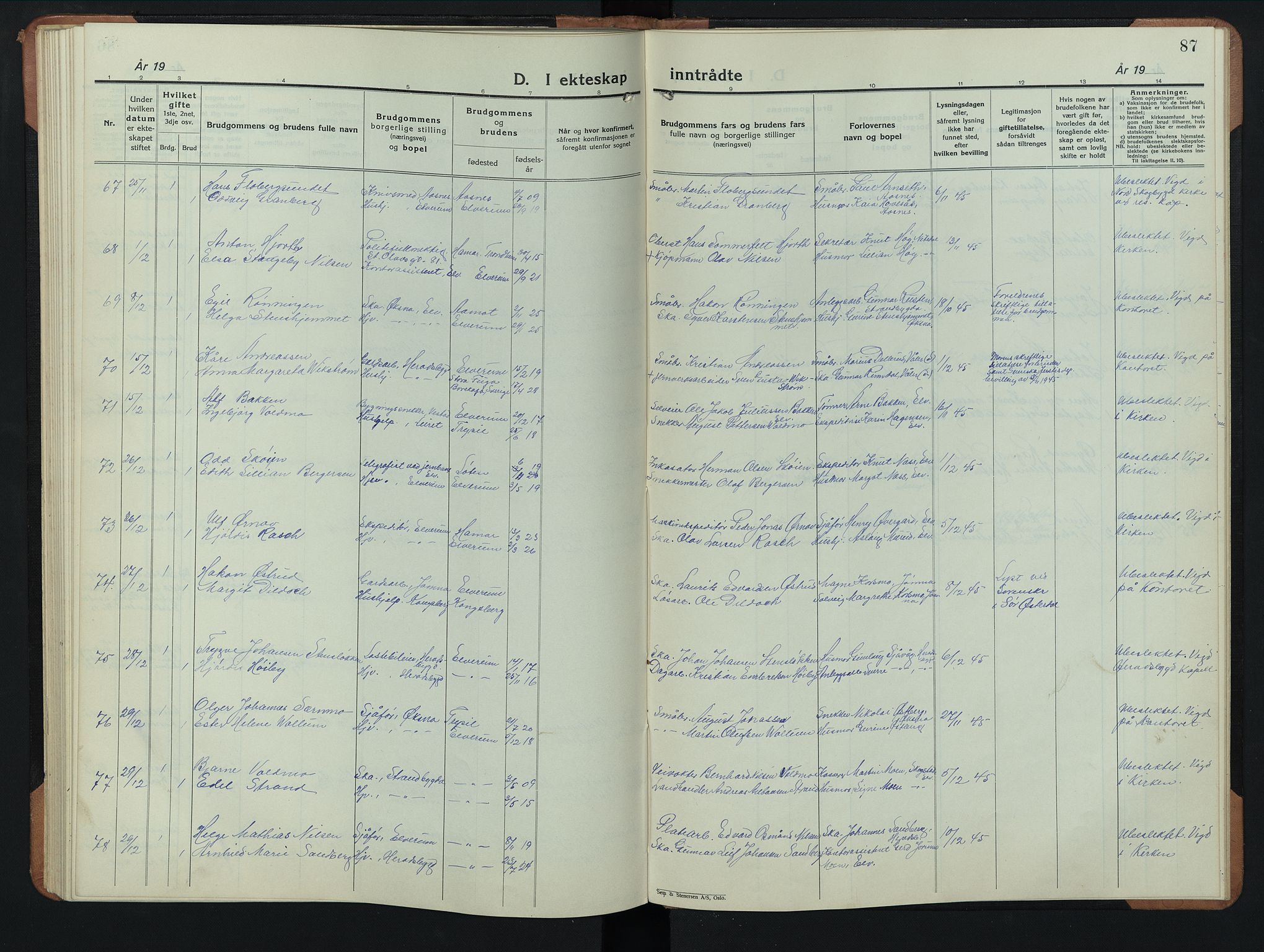 Elverum prestekontor, AV/SAH-PREST-044/H/Ha/Hab/L0033: Parish register (copy) no. 33, 1934-1947, p. 87