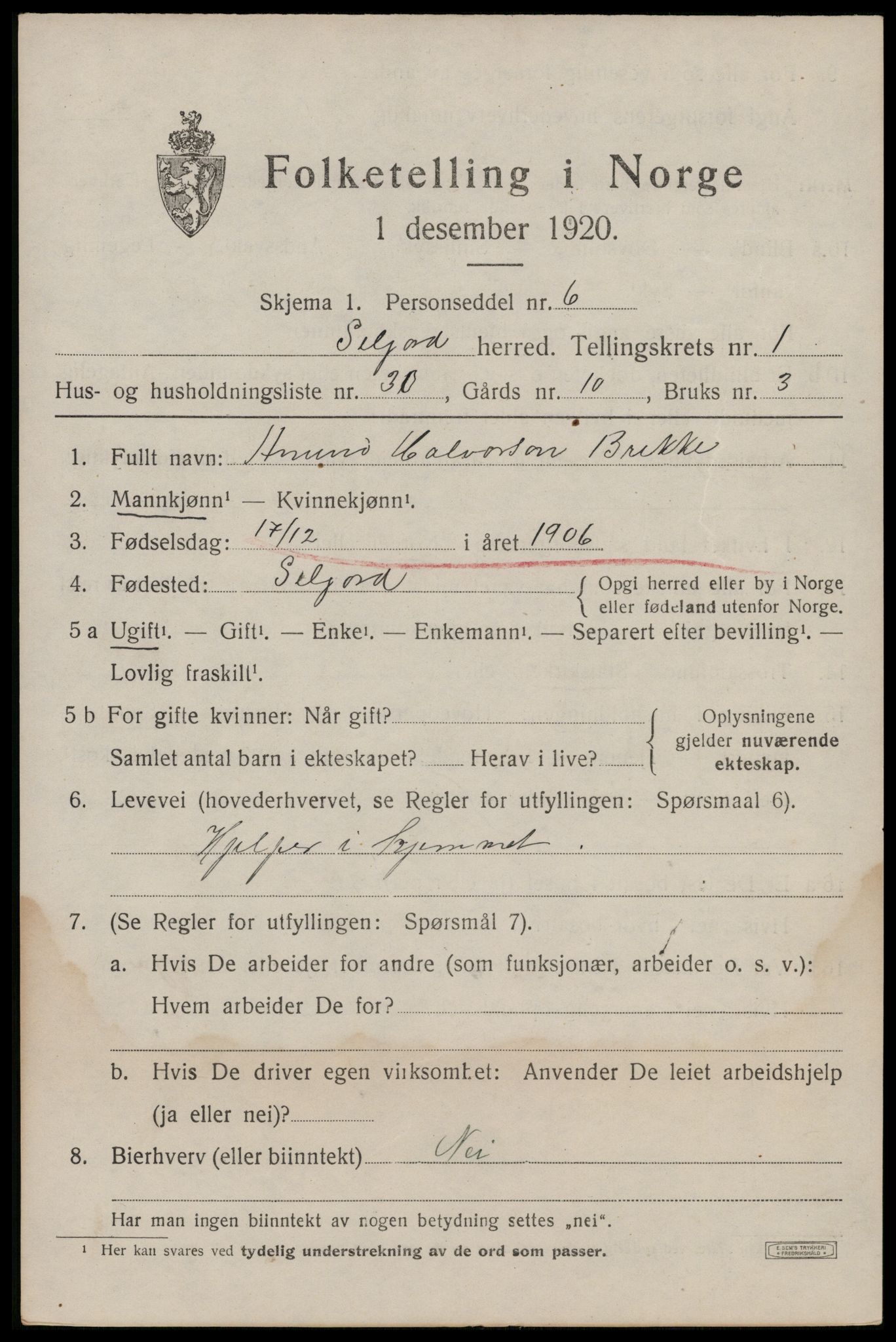 SAKO, 1920 census for Seljord, 1920, p. 1502