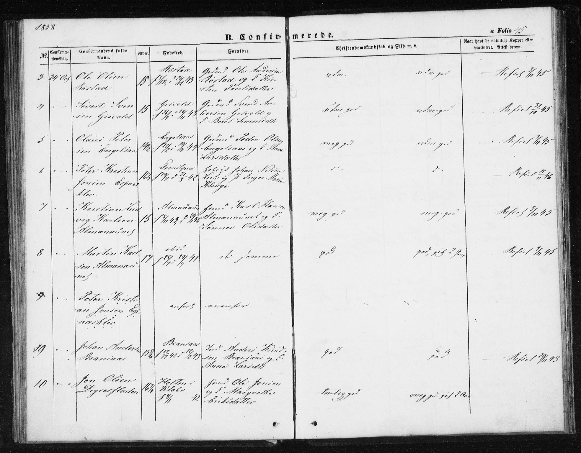 Ministerialprotokoller, klokkerbøker og fødselsregistre - Sør-Trøndelag, AV/SAT-A-1456/608/L0332: Parish register (official) no. 608A01, 1848-1861, p. 45