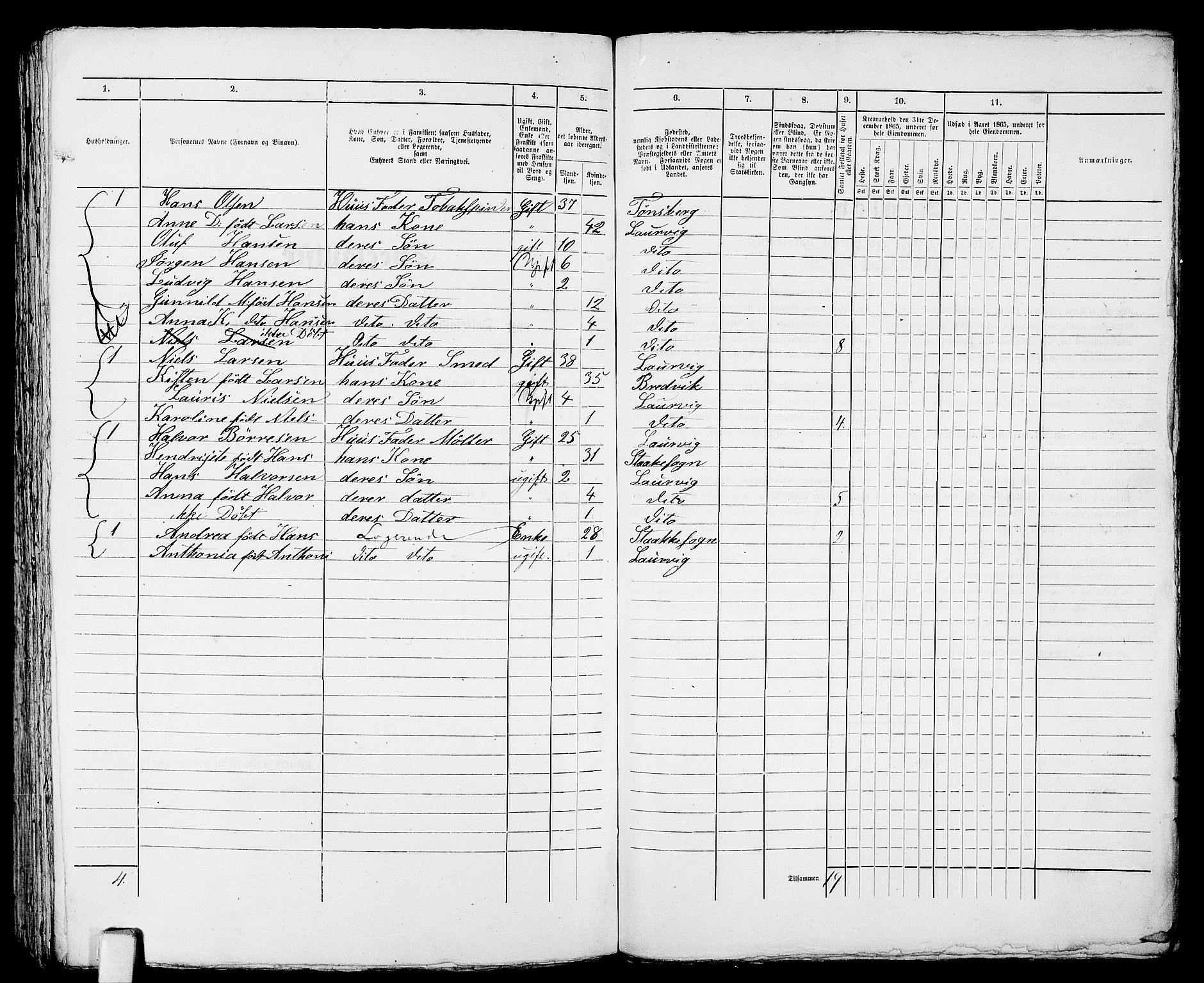 RA, 1865 census for Larvik, 1865, p. 617