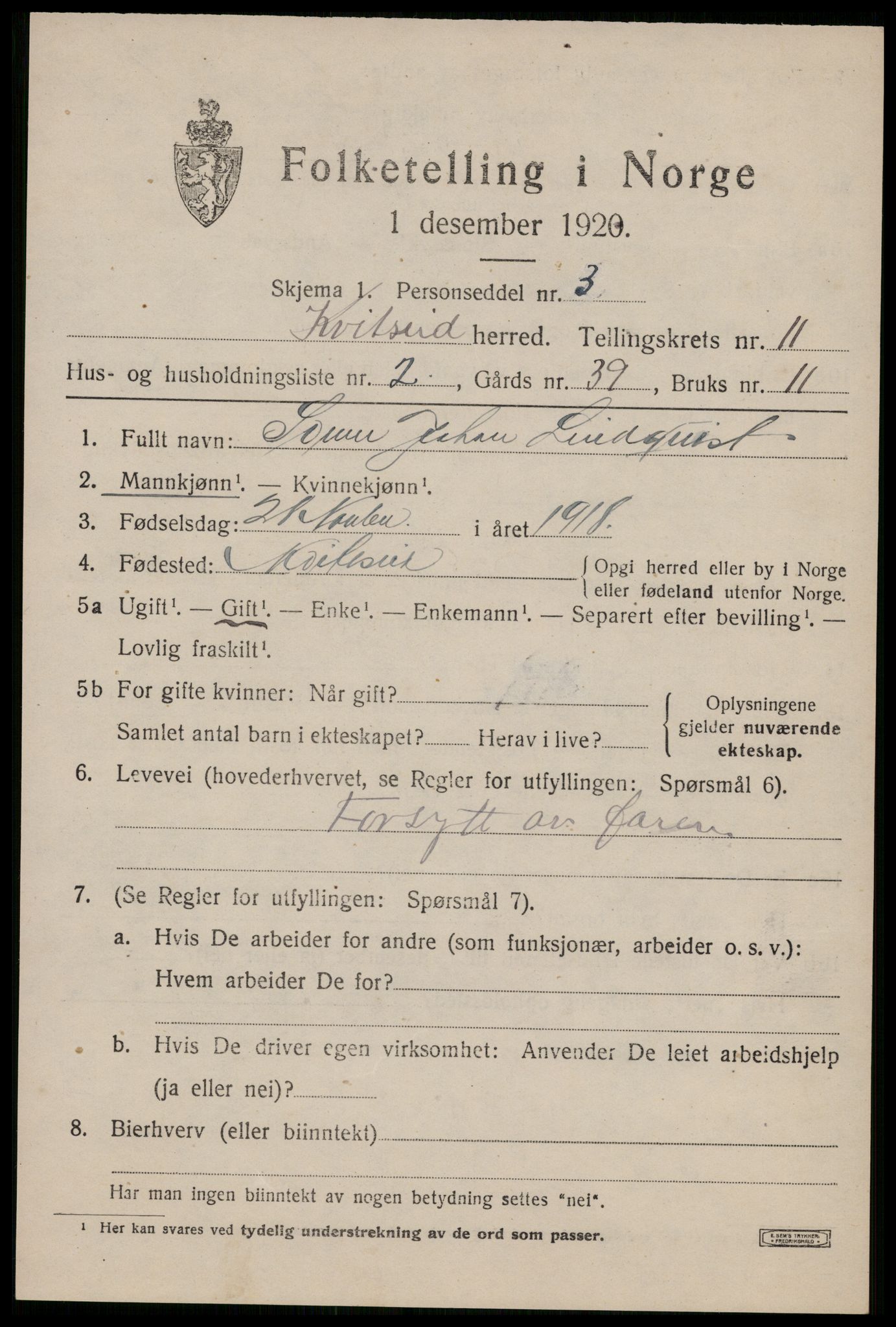SAKO, 1920 census for Kviteseid, 1920, p. 5461