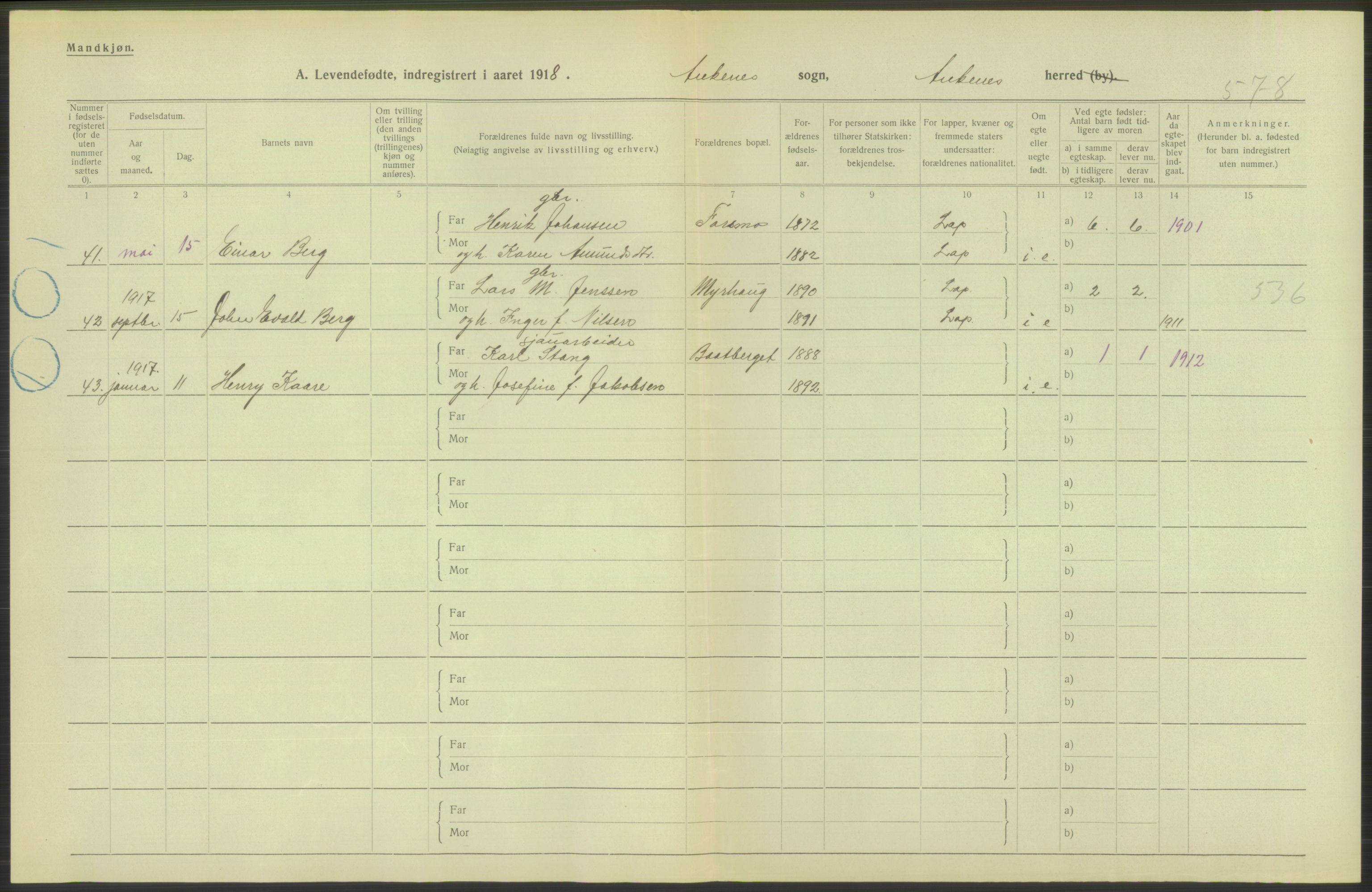 Statistisk sentralbyrå, Sosiodemografiske emner, Befolkning, RA/S-2228/D/Df/Dfb/Dfbh/L0052: Nordland fylke: Levendefødte menn og kvinner. Bygder., 1918, p. 418