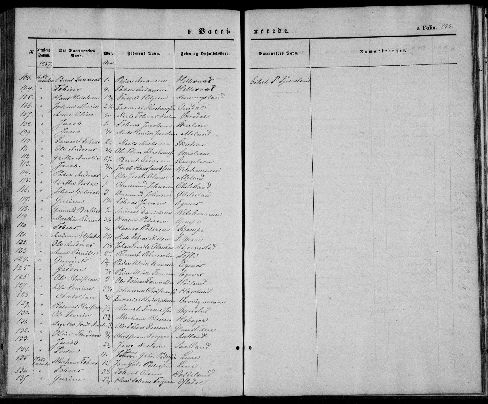 Lyngdal sokneprestkontor, AV/SAK-1111-0029/F/Fa/Fac/L0009: Parish register (official) no. A 9, 1852-1864, p. 282