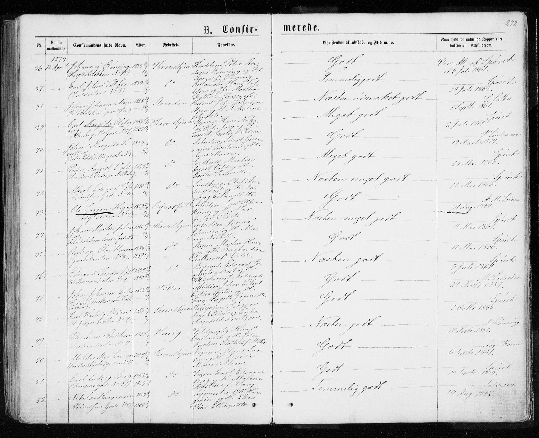 Ministerialprotokoller, klokkerbøker og fødselsregistre - Sør-Trøndelag, SAT/A-1456/601/L0054: Parish register (official) no. 601A22, 1866-1877, p. 272