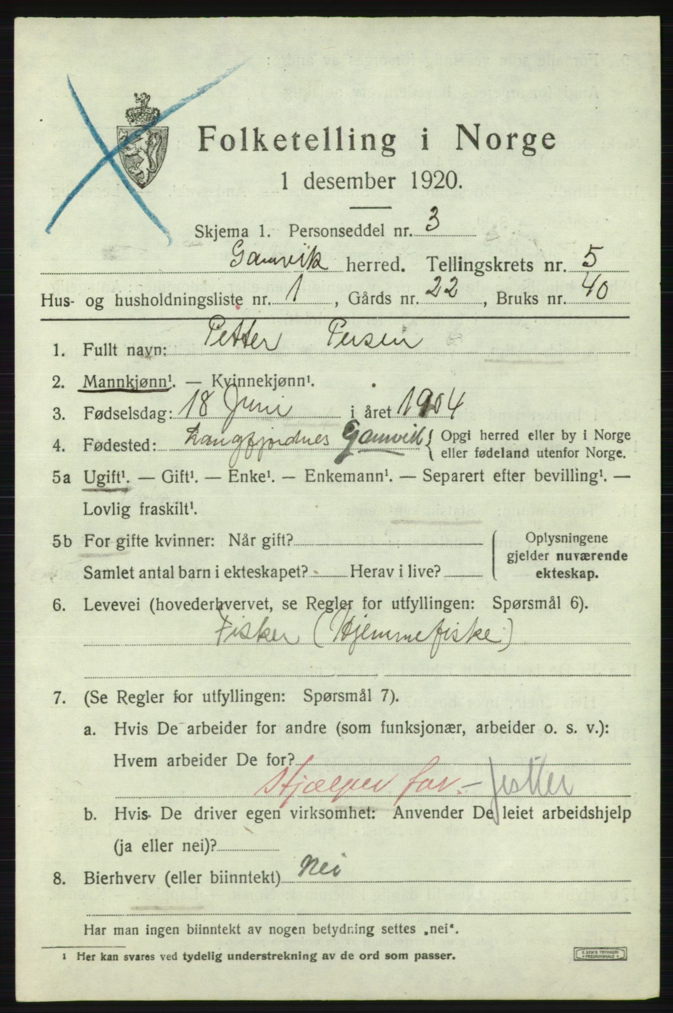 SATØ, 1920 census for Gamvik, 1920, p. 3554