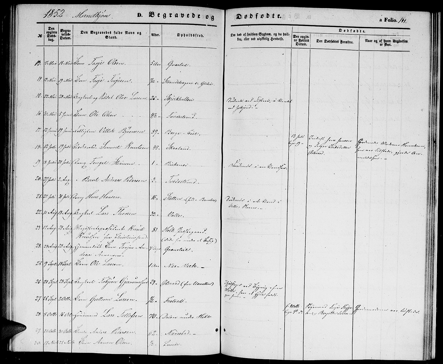 Holt sokneprestkontor, AV/SAK-1111-0021/F/Fb/L0007: Parish register (copy) no. B 7, 1849-1858, p. 141