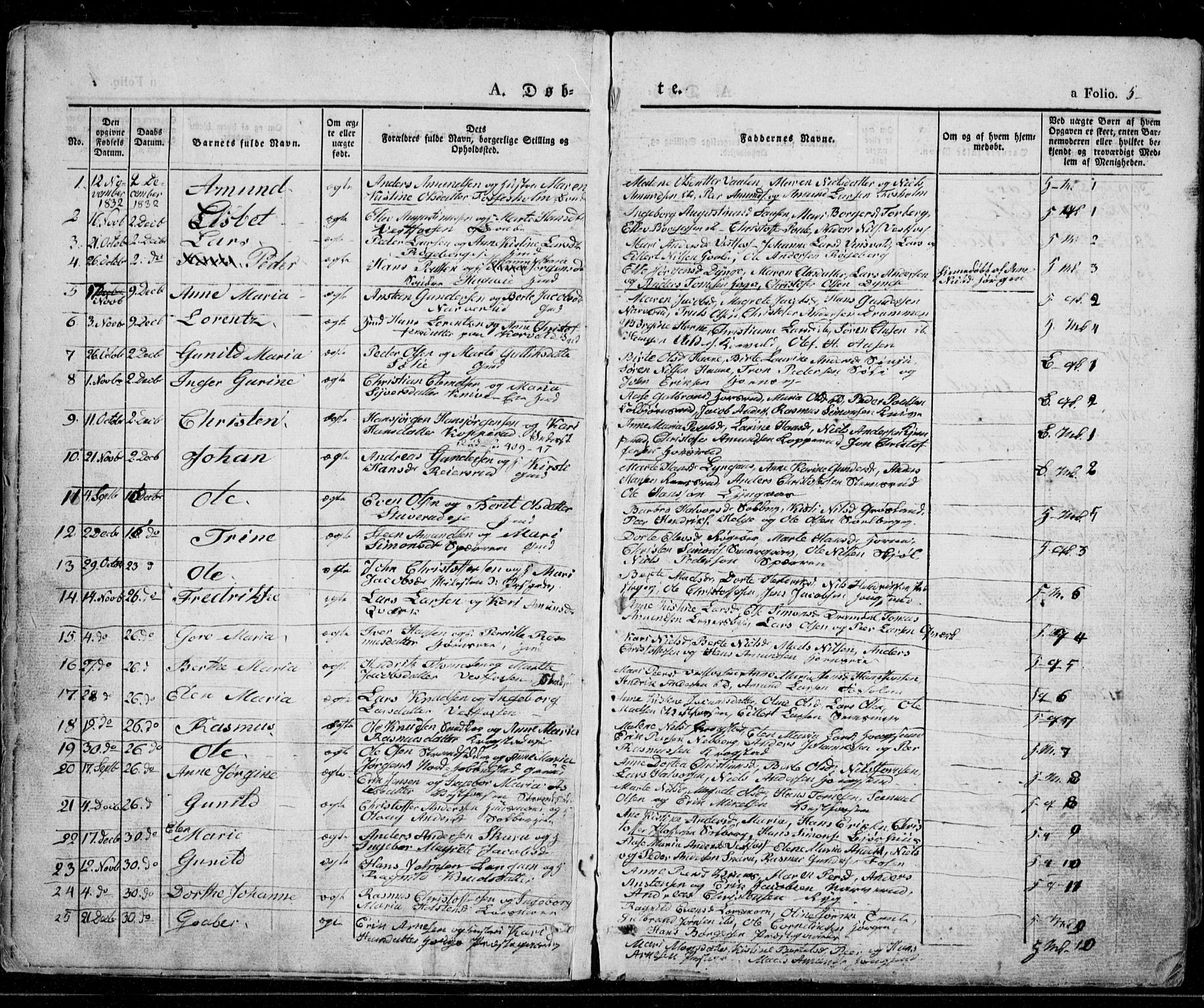 Eiker kirkebøker, SAKO/A-4/G/Ga/L0002: Parish register (copy) no. I 2, 1832-1856, p. 5
