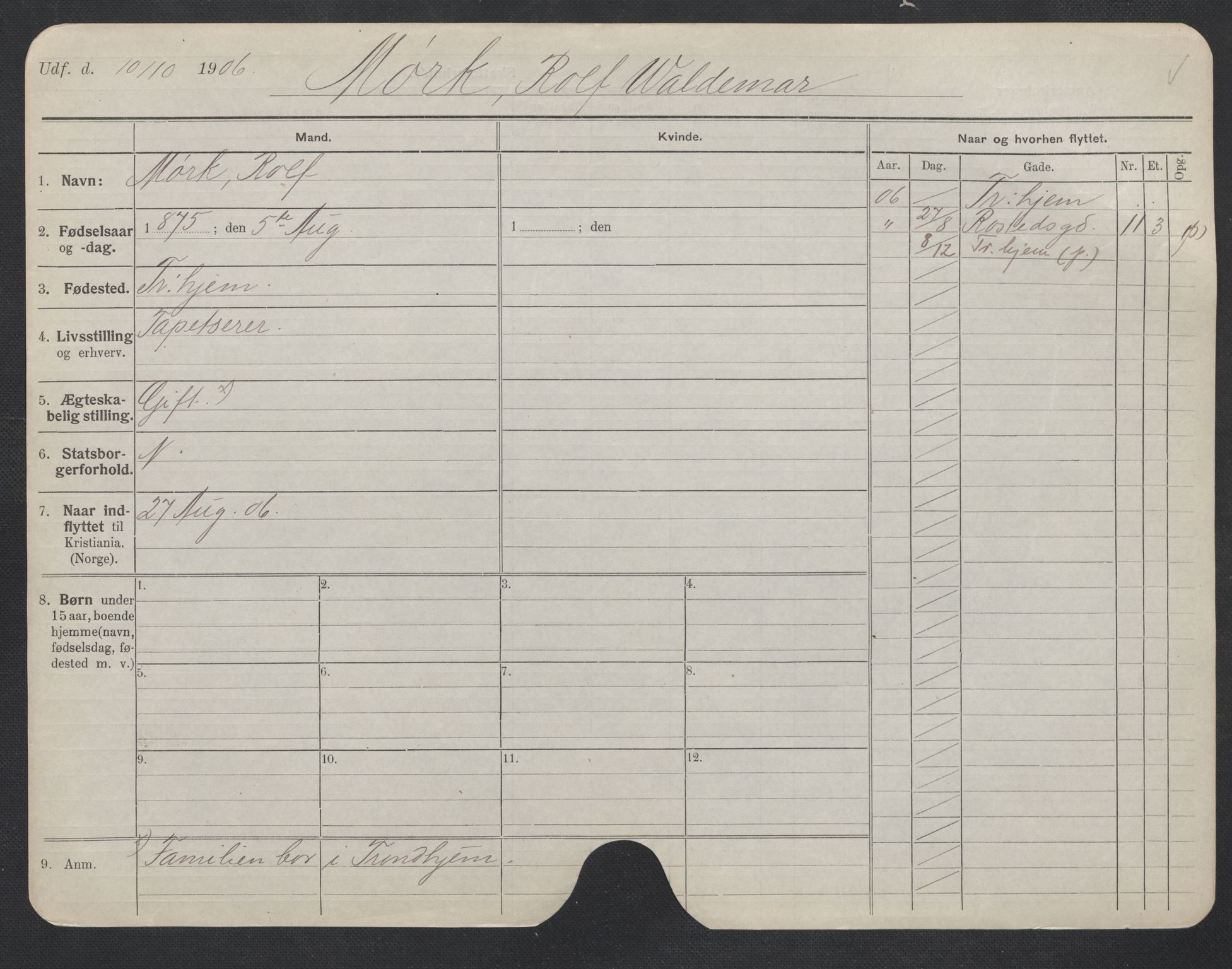 Oslo folkeregister, Registerkort, AV/SAO-A-11715/F/Fa/Fac/L0007: Menn, 1906-1914, p. 1004a