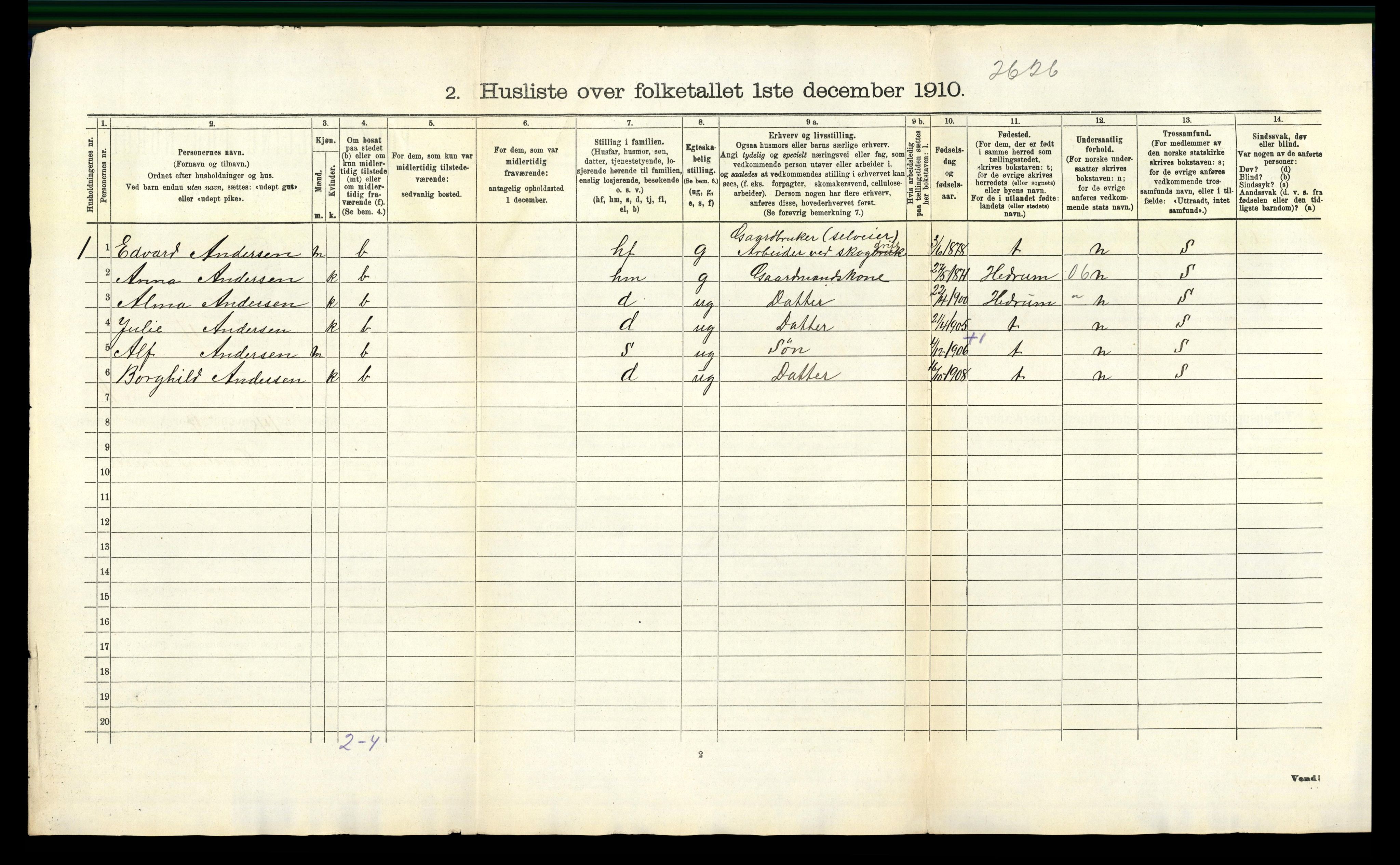 RA, 1910 census for Brunlanes, 1910, p. 1654