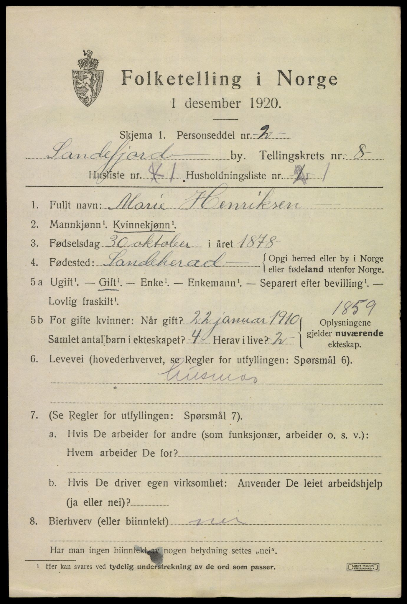 SAKO, 1920 census for Sandefjord, 1920, p. 11650