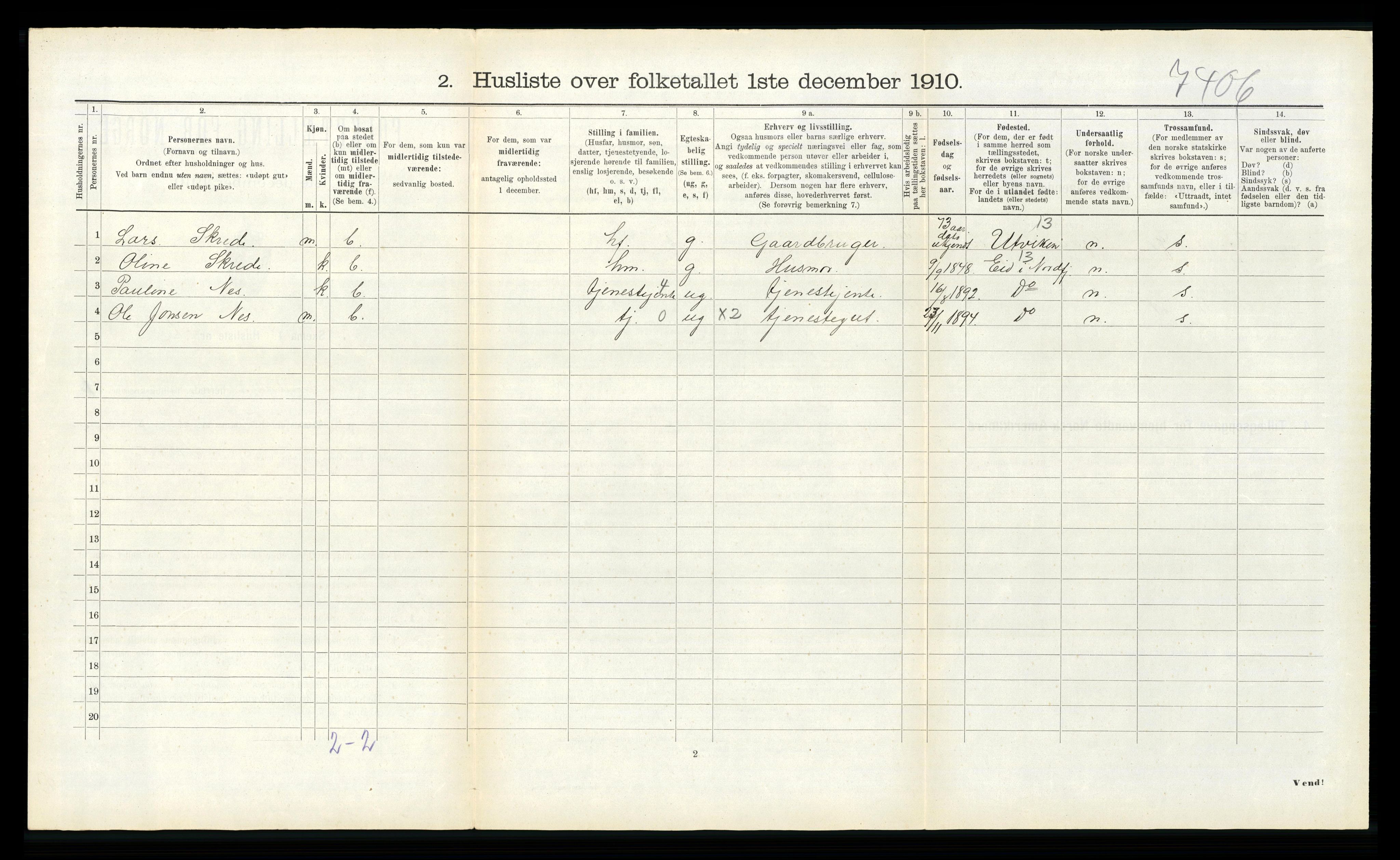 RA, 1910 census for Hornindal, 1910, p. 523