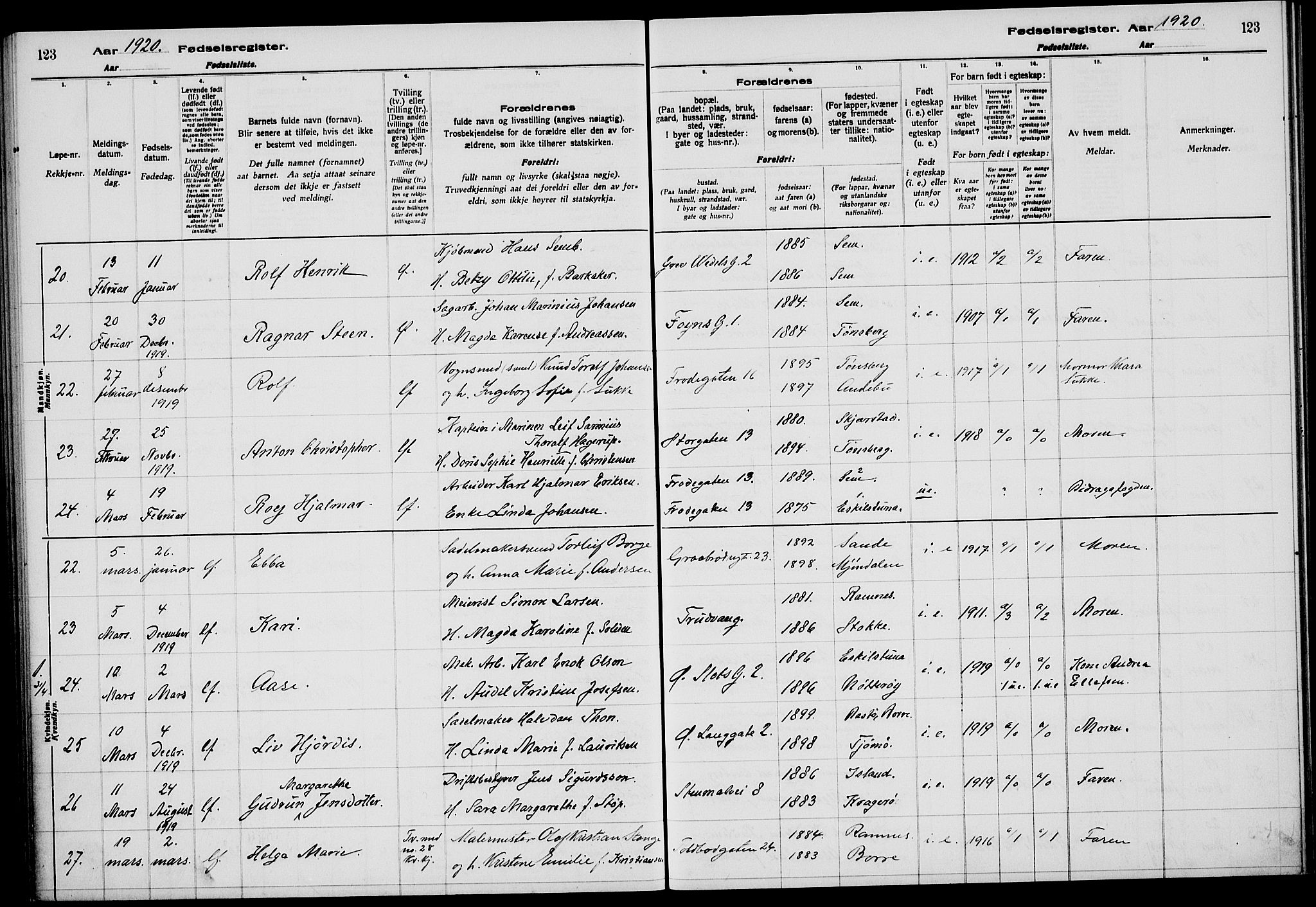 Tønsberg kirkebøker, AV/SAKO-A-330/J/Ja/L0001: Birth register no. 1, 1916-1922, p. 123