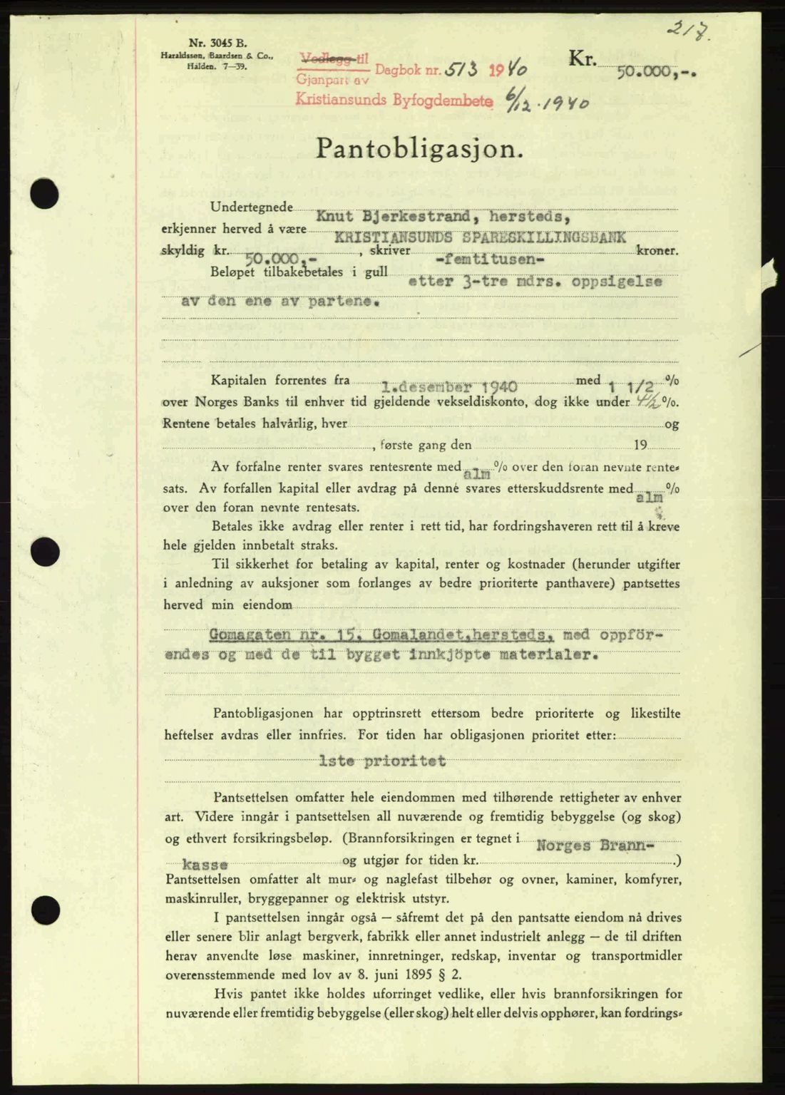 Kristiansund byfogd, AV/SAT-A-4587/A/27: Mortgage book no. 33, 1939-1941, Diary no: : 513/1940