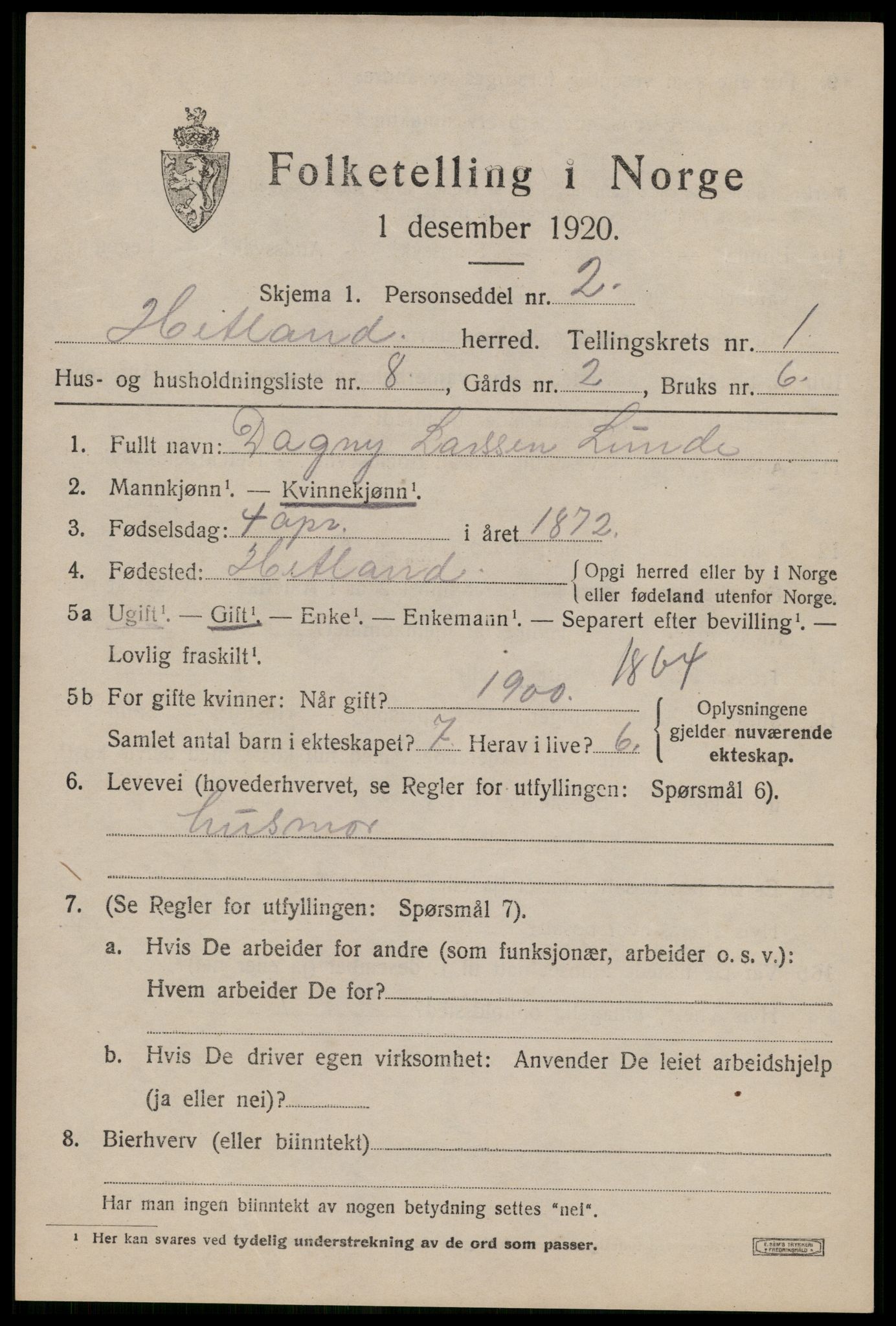 SAST, 1920 census for Hetland, 1920, p. 3639