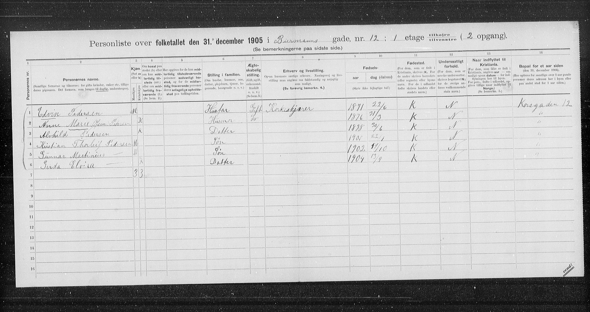 OBA, Municipal Census 1905 for Kristiania, 1905, p. 2376