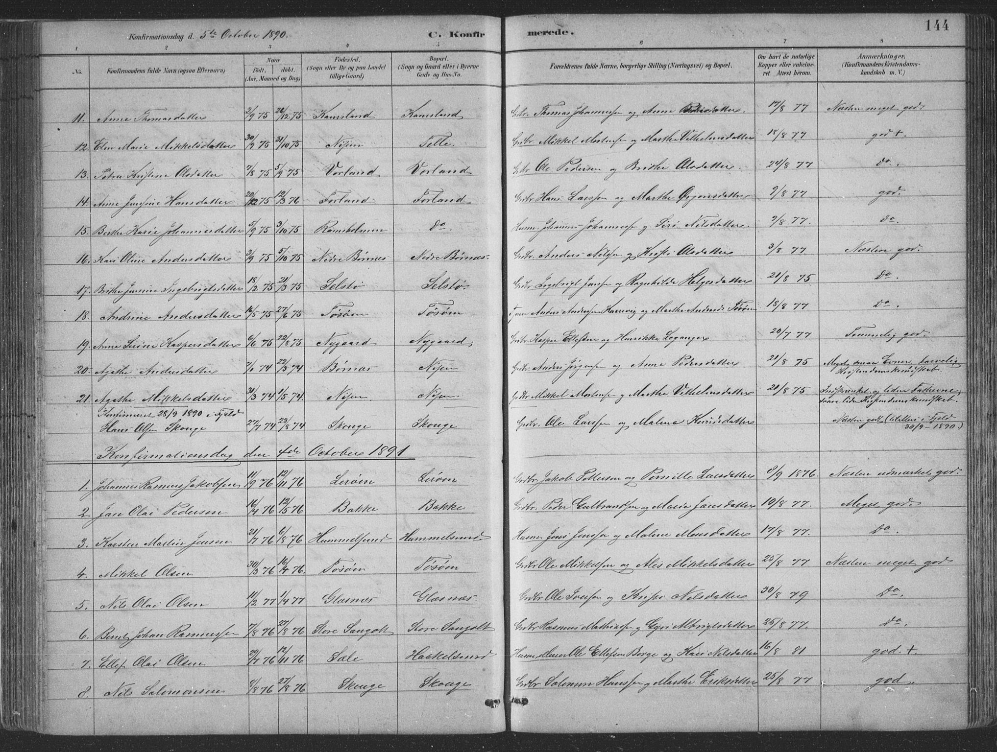 Sund sokneprestembete, SAB/A-99930: Parish register (copy) no. B 3, 1882-1911, p. 144