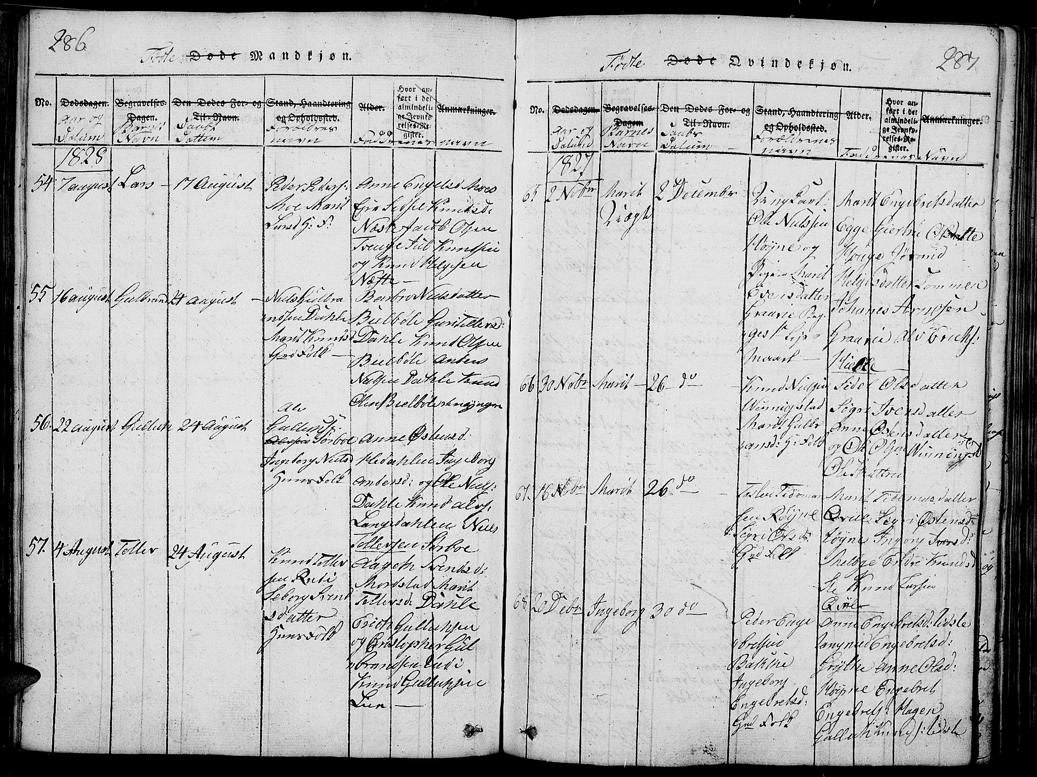 Slidre prestekontor, SAH/PREST-134/H/Ha/Haa/L0002: Parish register (official) no. 2, 1814-1830, p. 286-287