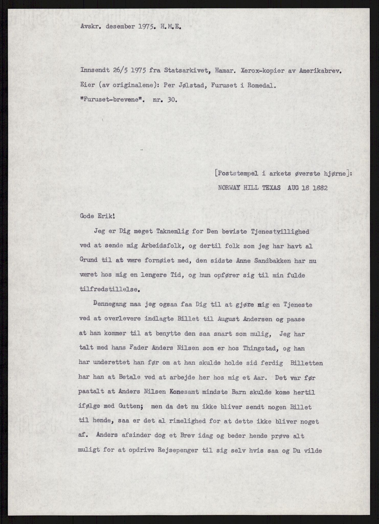 Samlinger til kildeutgivelse, Amerikabrevene, AV/RA-EA-4057/F/L0007: Innlån fra Hedmark: Berg - Furusetbrevene, 1838-1914, p. 833