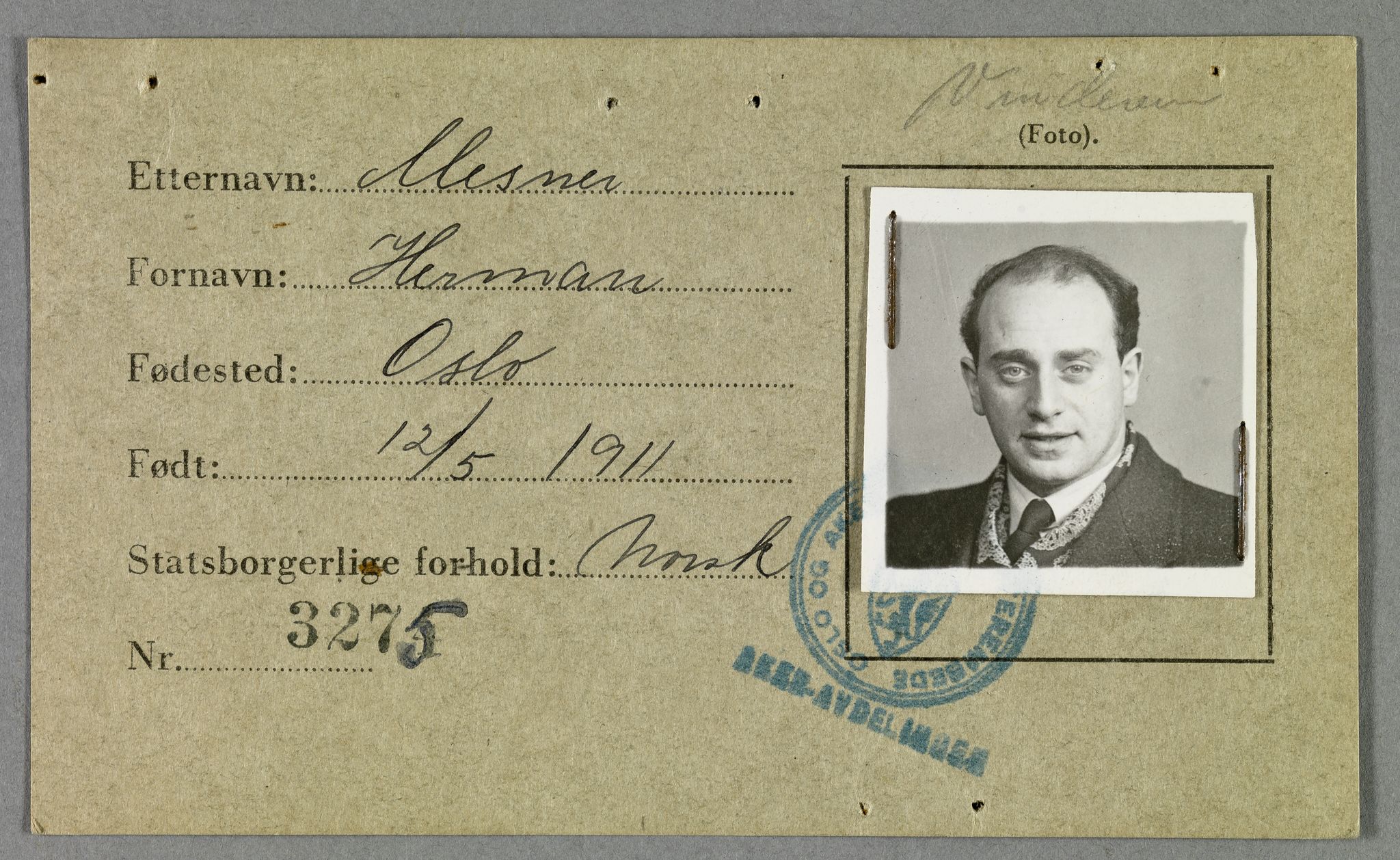 Sosialdepartementet, Våre Falne, RA/S-1708/E/Ee/L0021A: Fotografier av jøder på legitimasjonskort (1941-42), 1941-1942, p. 255