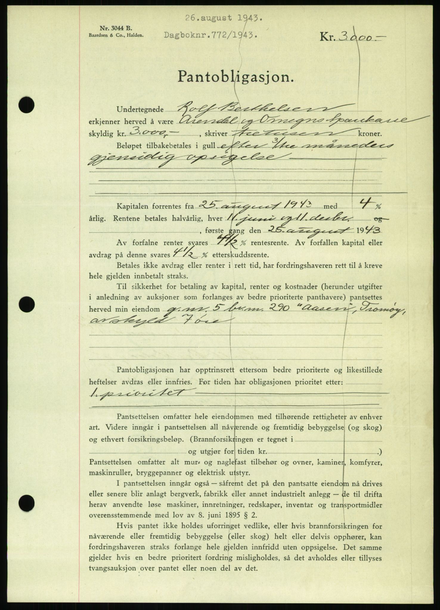 Nedenes sorenskriveri, AV/SAK-1221-0006/G/Gb/Gbb/L0002: Mortgage book no. II, 1942-1945, Diary no: : 772/1943