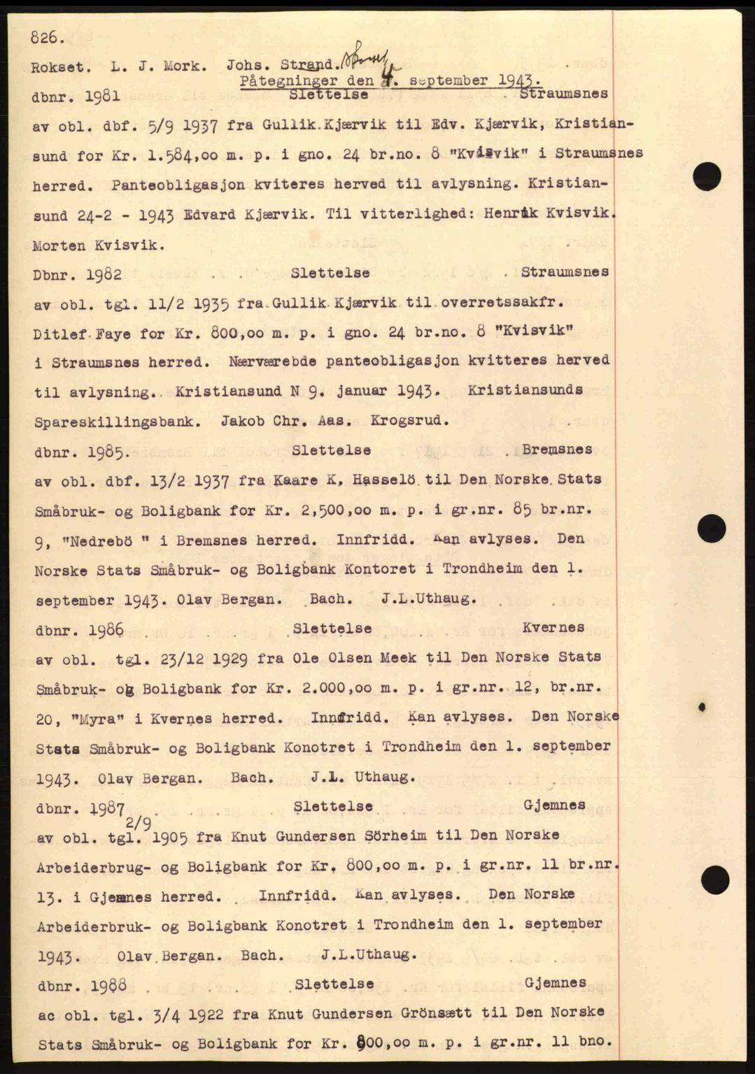 Nordmøre sorenskriveri, AV/SAT-A-4132/1/2/2Ca: Mortgage book no. C81, 1940-1945, Diary no: : 1981/1943