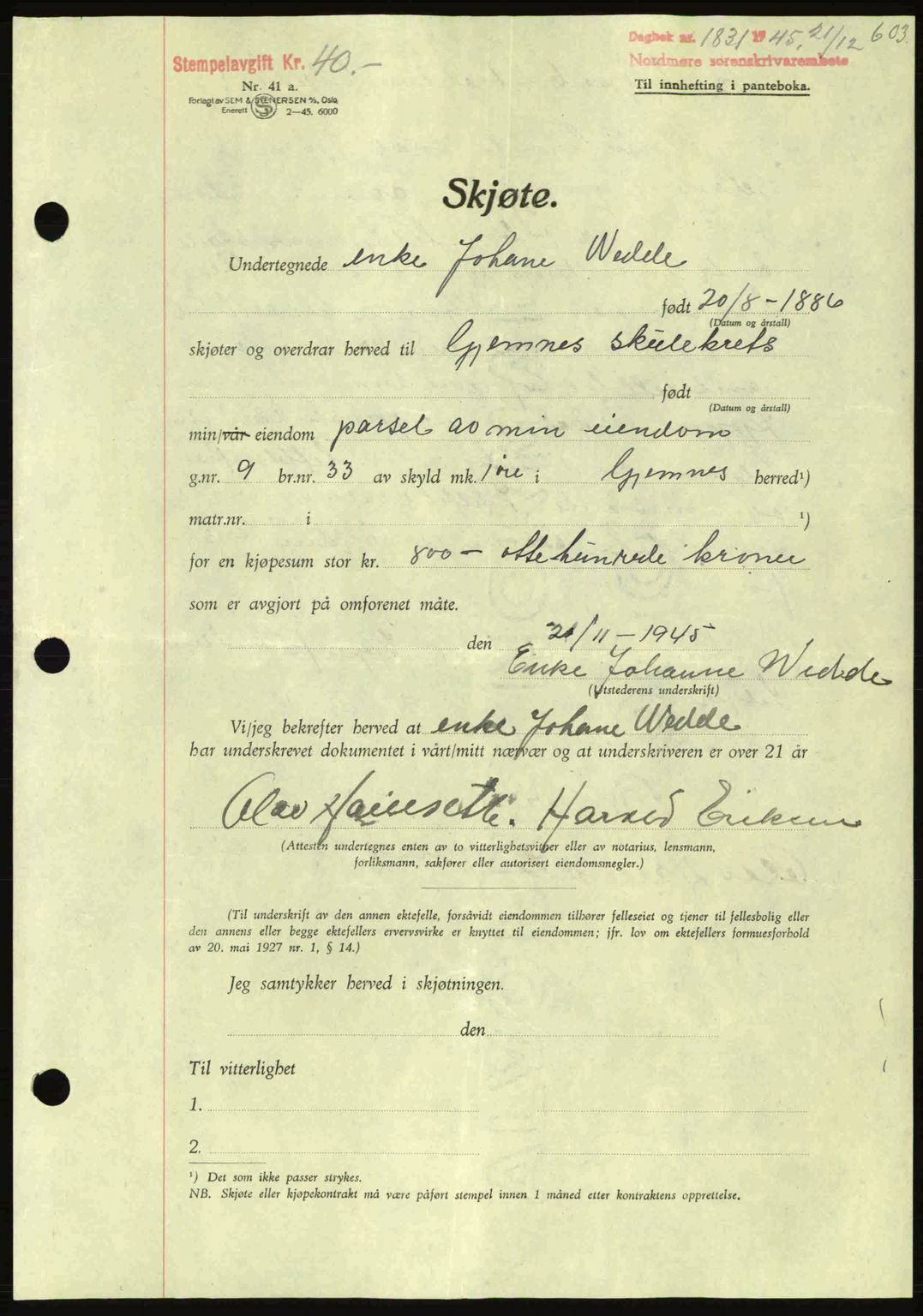 Nordmøre sorenskriveri, AV/SAT-A-4132/1/2/2Ca: Mortgage book no. A100a, 1945-1945, Diary no: : 1831/1945