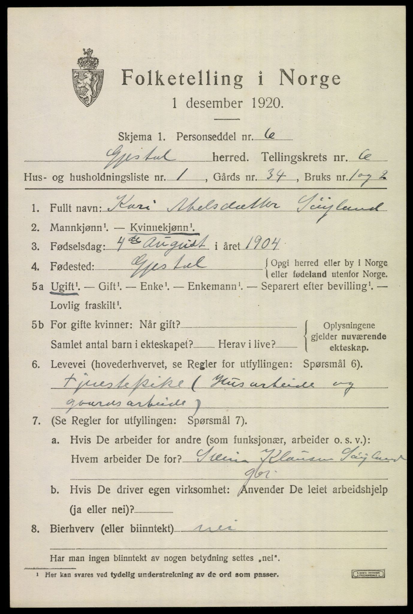 SAST, 1920 census for Gjesdal, 1920, p. 3398