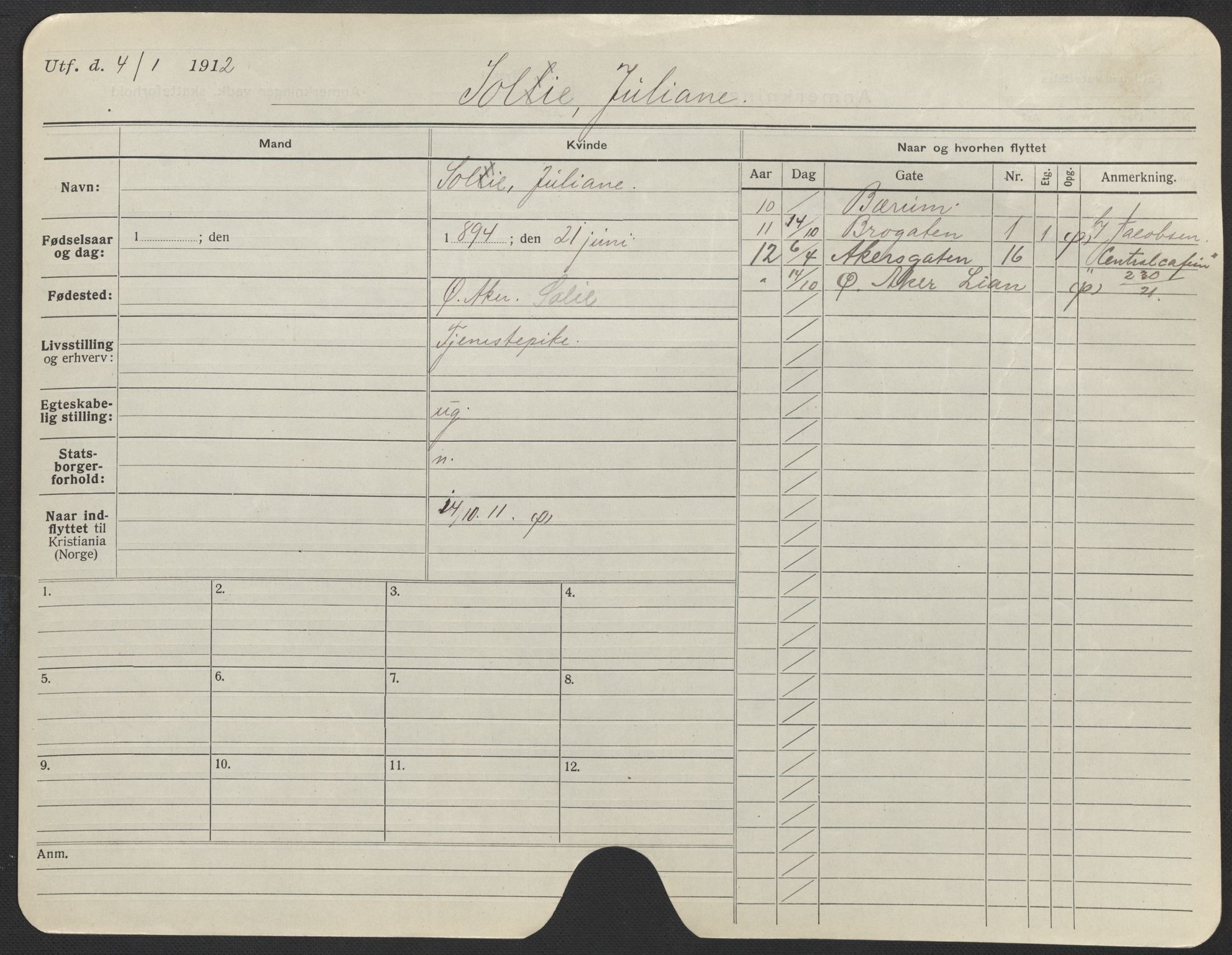 Oslo folkeregister, Registerkort, AV/SAO-A-11715/F/Fa/Fac/L0024: Kvinner, 1906-1914, p. 122a