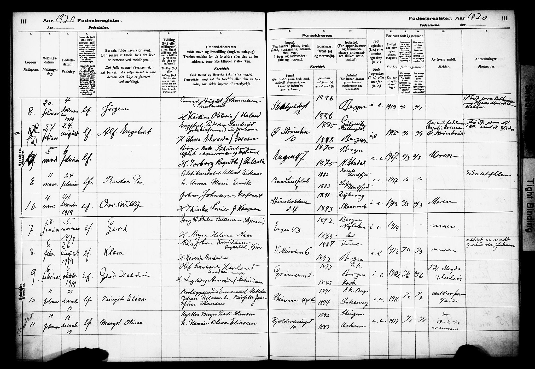 Domkirken sokneprestembete, AV/SAB-A-74801/I/Id/L00A1: Birth register no. A 1, 1916-1923, p. 111