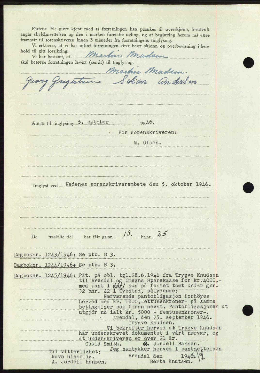 Nedenes sorenskriveri, AV/SAK-1221-0006/G/Gb/Gba/L0056: Mortgage book no. A8, 1946-1947, Diary no: : 1242/1946