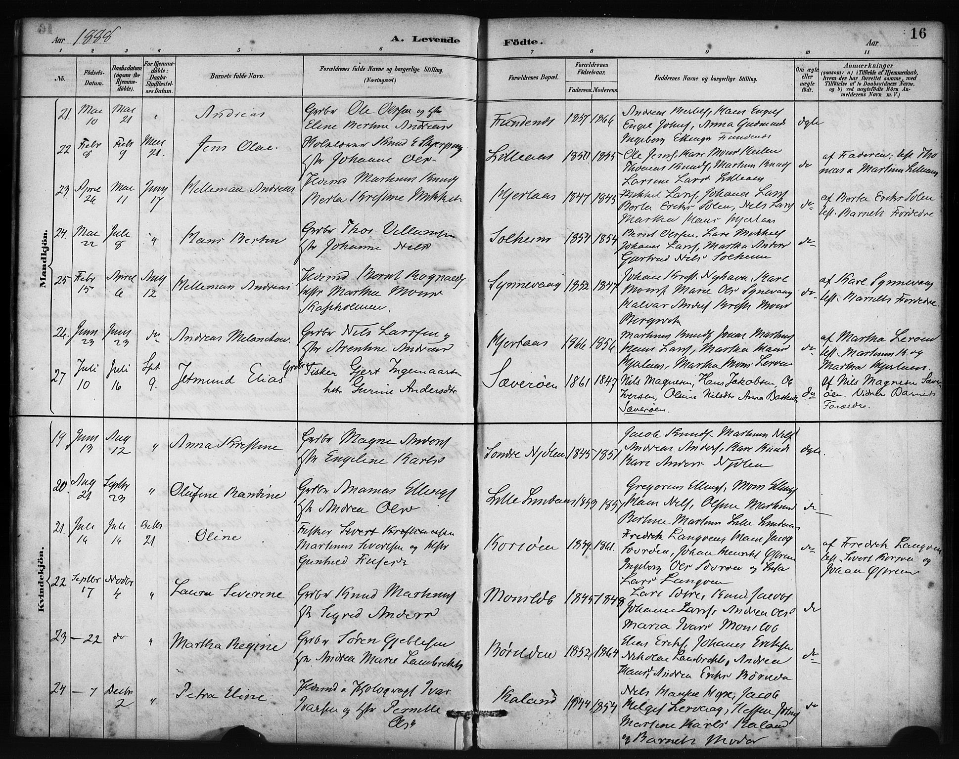 Lindås Sokneprestembete, SAB/A-76701/H/Haa: Parish register (official) no. C 1, 1886-1896, p. 16