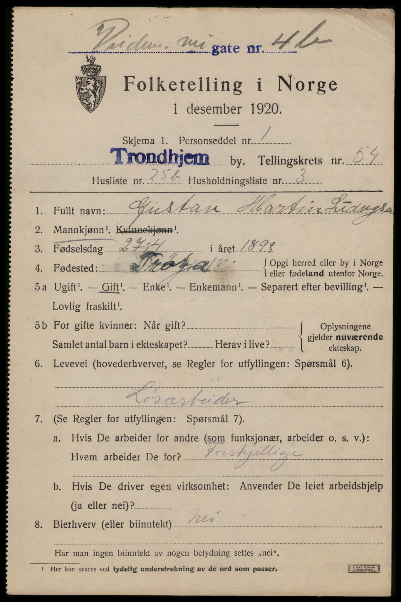 SAT, 1920 census for Trondheim, 1920, p. 111420