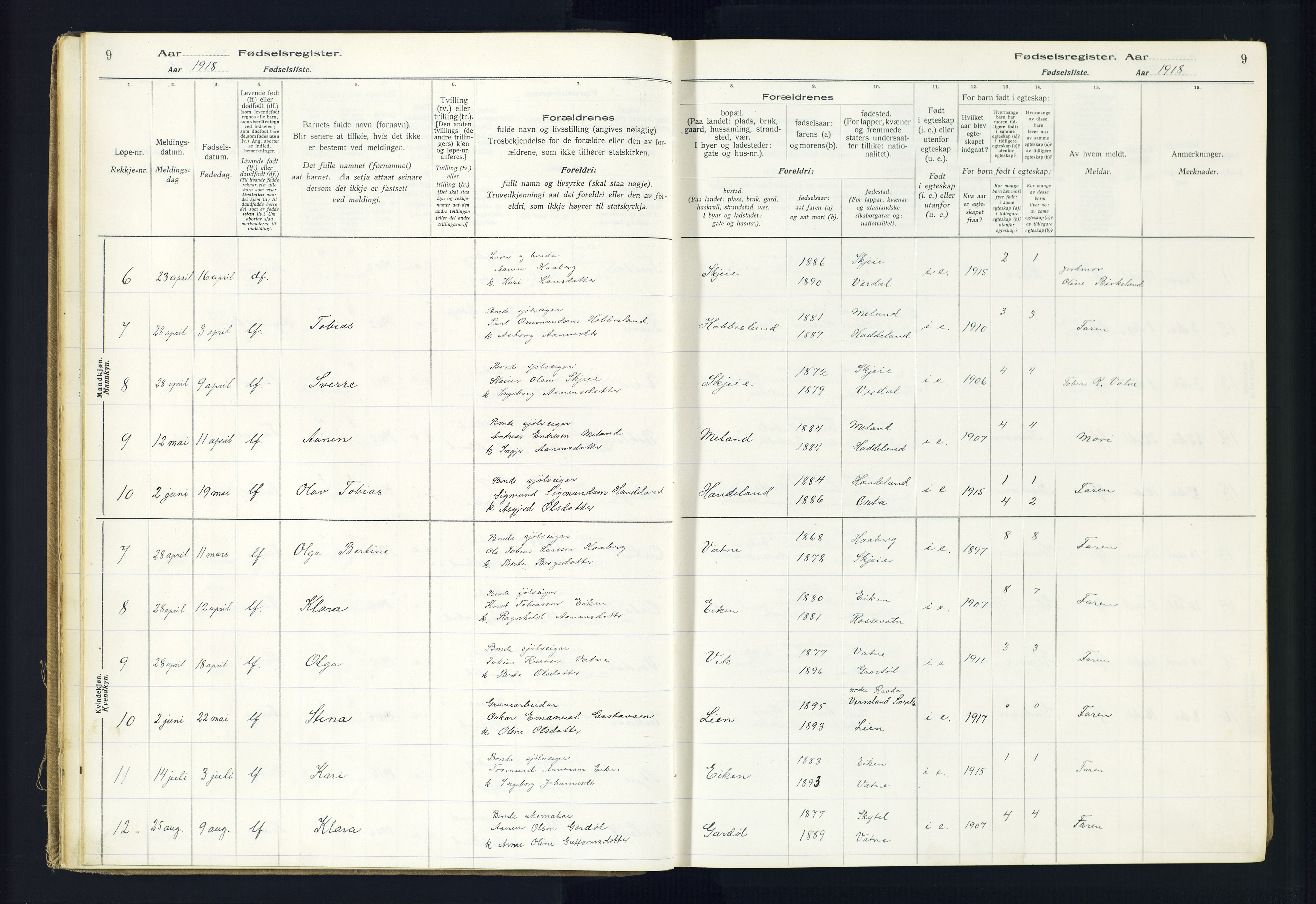 Hægebostad sokneprestkontor, AV/SAK-1111-0024/J/Ja/L0002: Birth register no. II.6.8, 1916-1982, p. 9