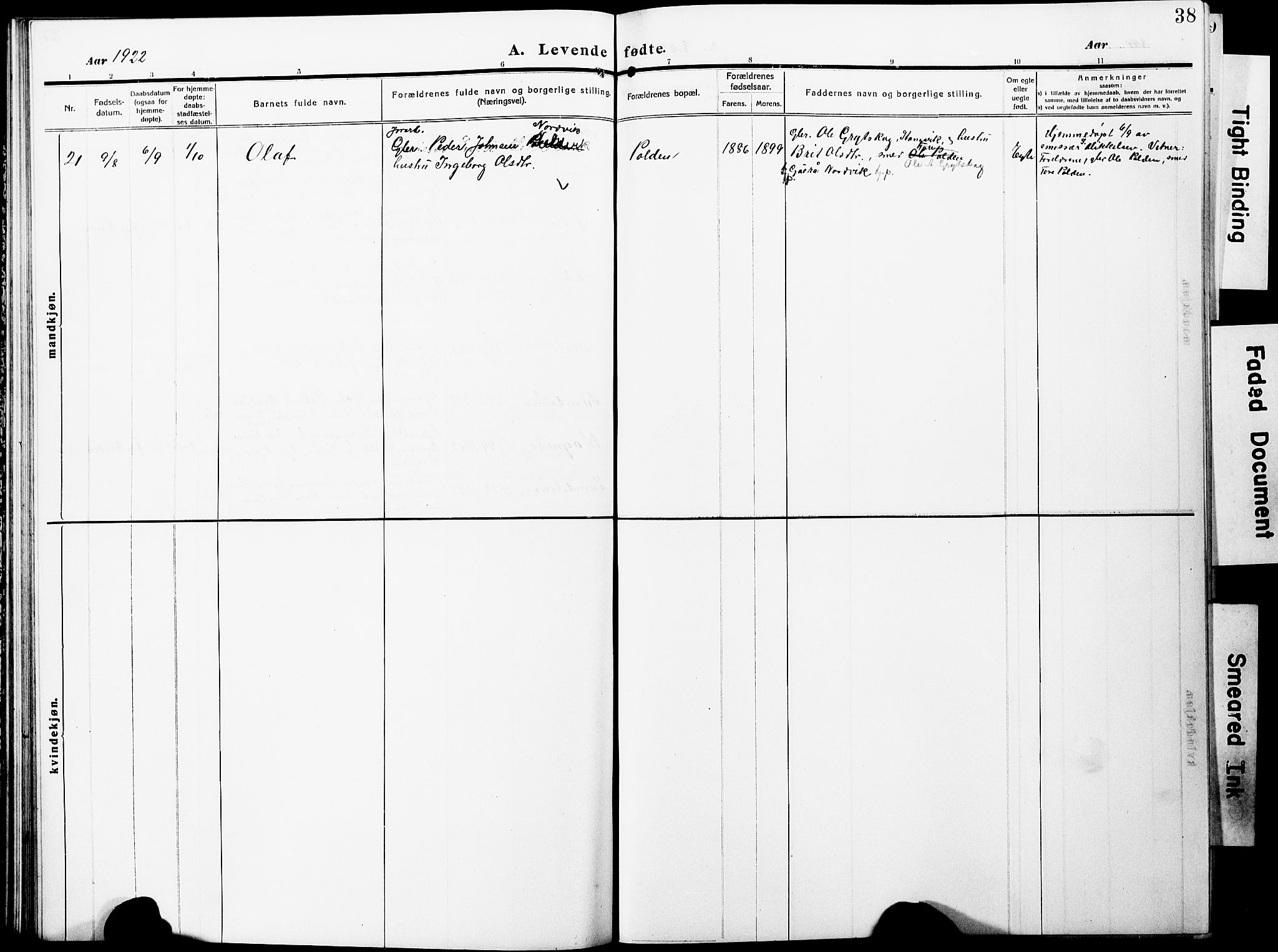 Ministerialprotokoller, klokkerbøker og fødselsregistre - Møre og Romsdal, SAT/A-1454/596/L1059: Parish register (copy) no. 596C02, 1908-1922, p. 38