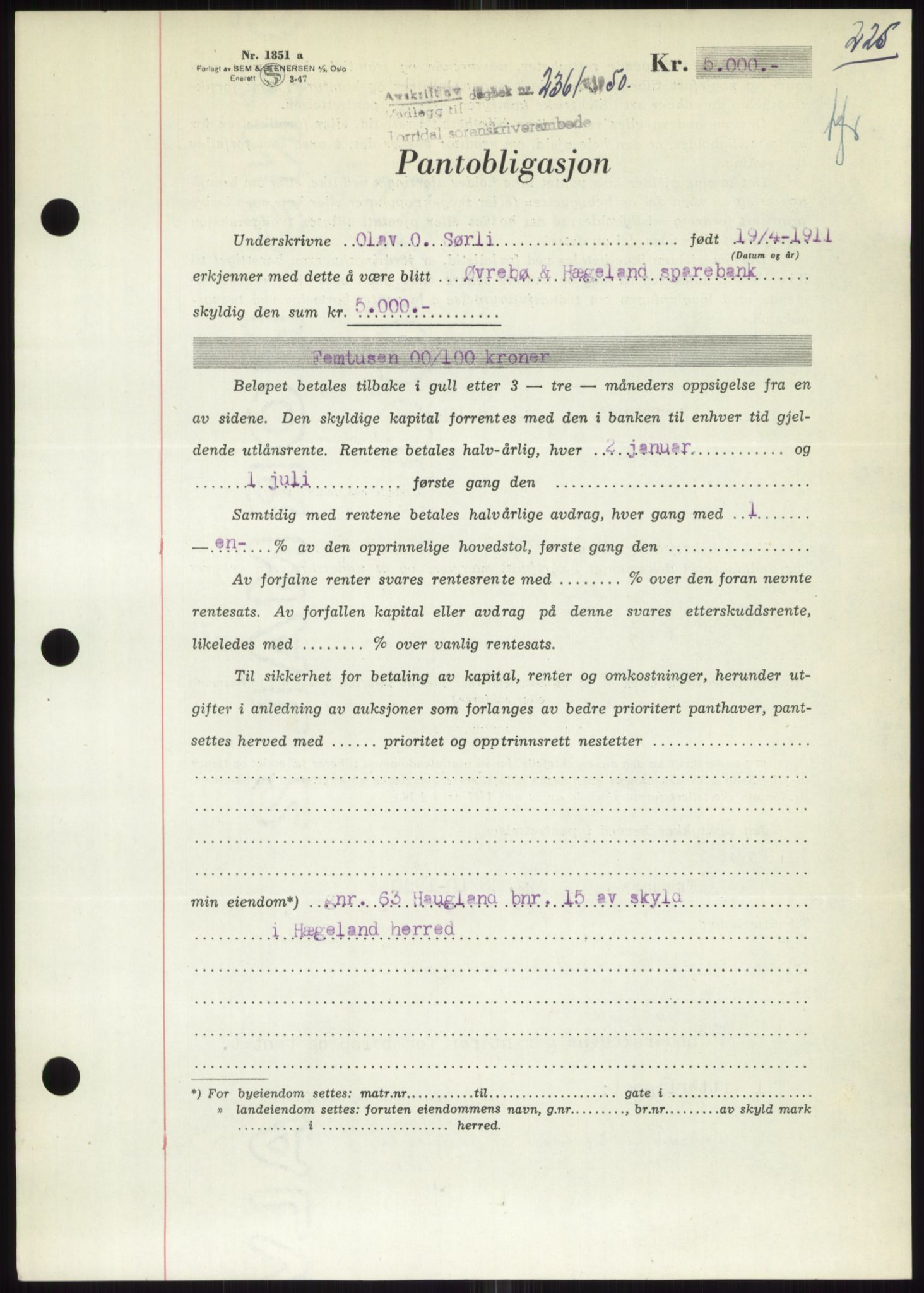 Torridal sorenskriveri, AV/SAK-1221-0012/G/Gb/Gbb/L0020: Mortgage book no. 63B, 1950-1950, Diary no: : 2361/1950