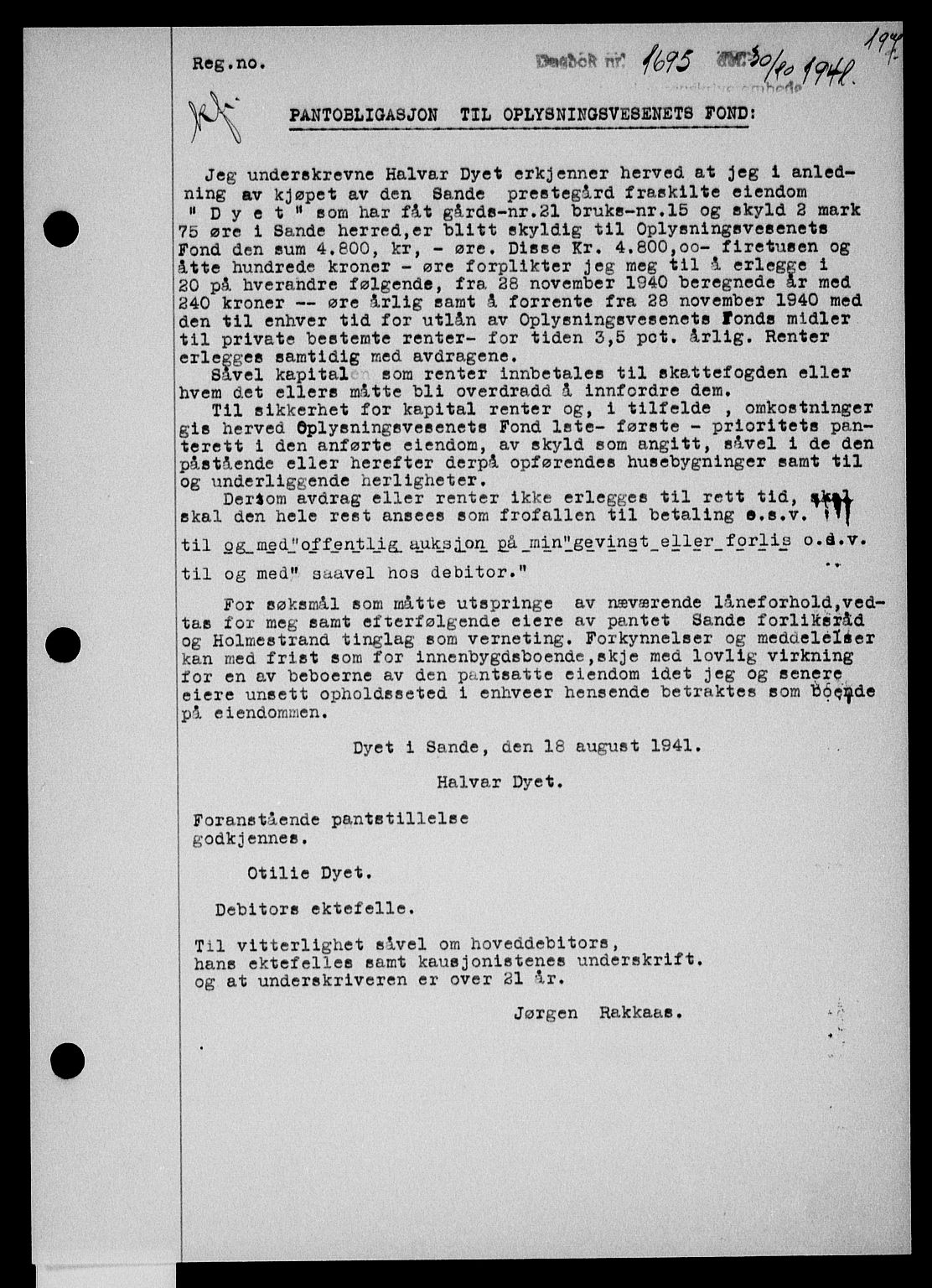 Holmestrand sorenskriveri, SAKO/A-67/G/Ga/Gaa/L0054: Mortgage book no. A-54, 1941-1942, Diary no: : 1695/1941