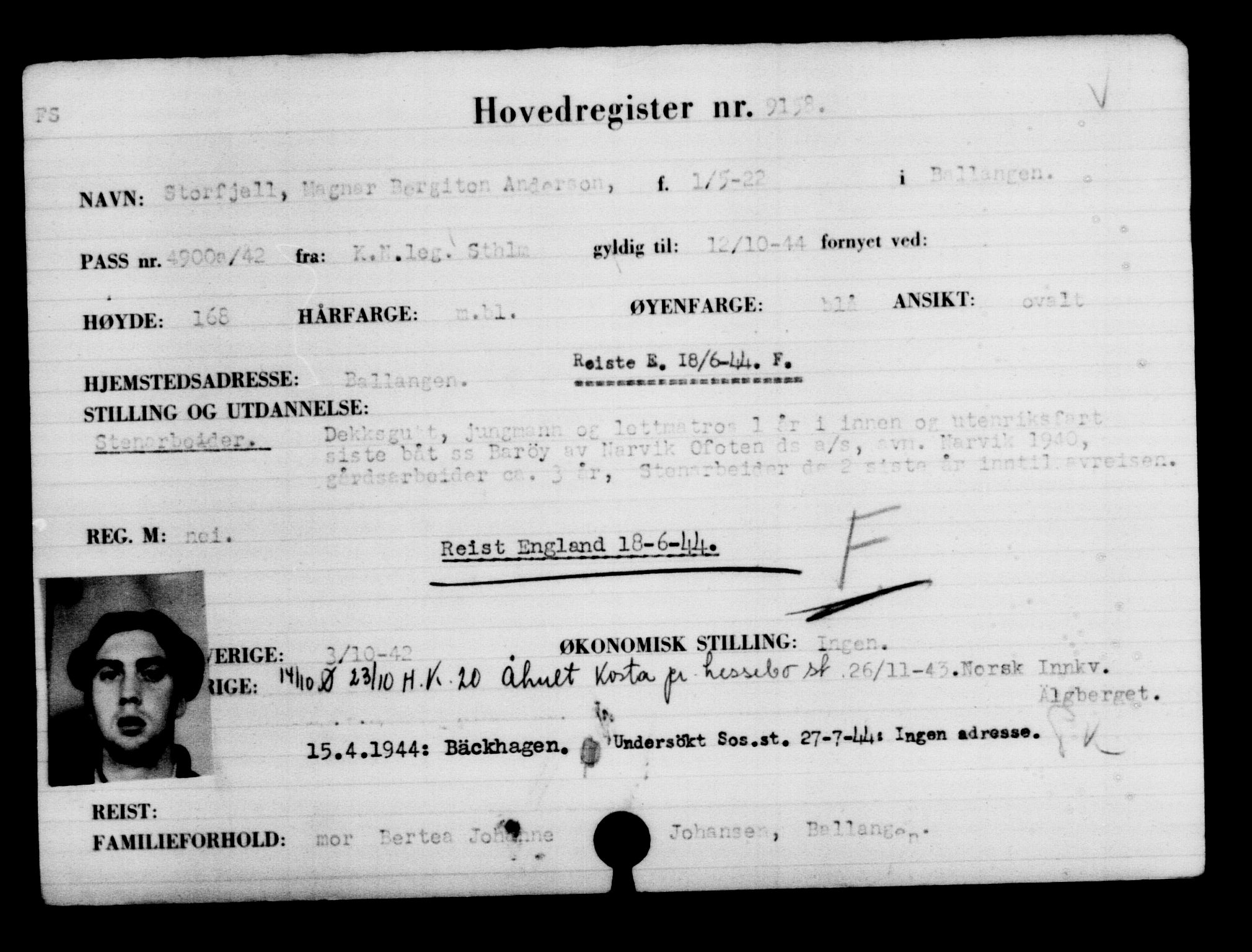 Utenriksstasjonene, Legasjonen i Stockholm, Flyktningkontoret, AV/RA-S-6753/V/Va/L0005: Kjesäterkartoteket, flyktninger med registreringsnr. 6600-9417, 1940-1945, p. 3018
