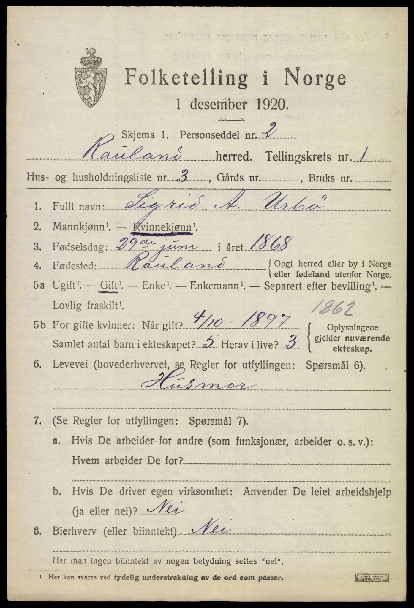 SAKO, 1920 census for Rauland, 1920, p. 470