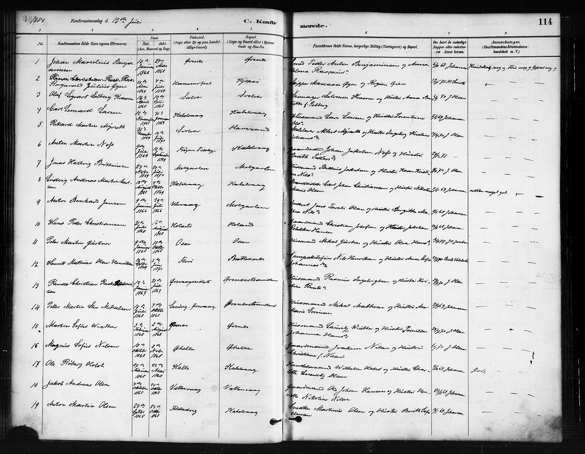 Ministerialprotokoller, klokkerbøker og fødselsregistre - Nordland, AV/SAT-A-1459/874/L1059: Parish register (official) no. 874A03, 1884-1890, p. 114