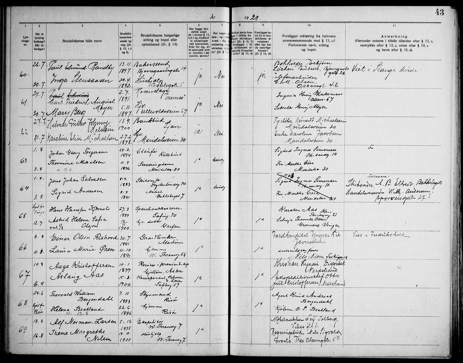 Gamle Aker prestekontor Kirkebøker, AV/SAO-A-10617a/H/L0006: Banns register no. 6, 1920-1928, p. 43