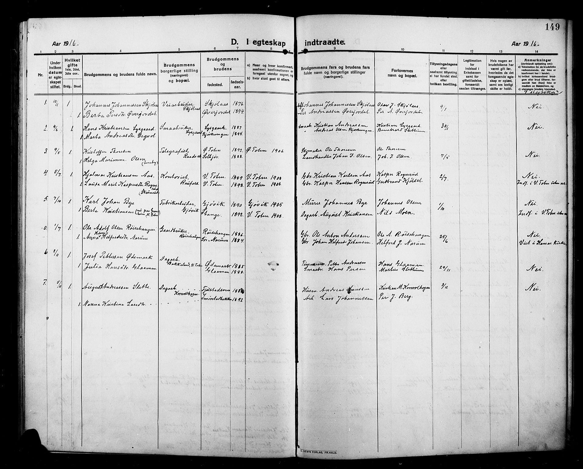 Kolbu prestekontor, SAH/PREST-110/H/Ha/Hab/L0001: Parish register (copy) no. 1, 1912-1925, p. 149