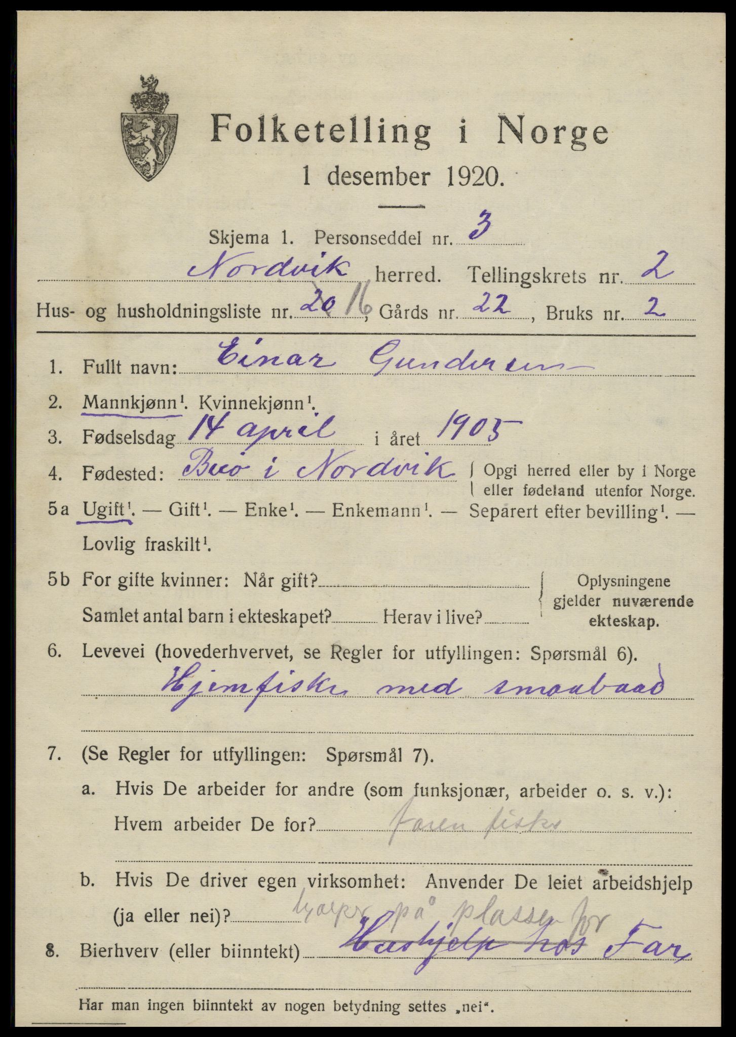 SAT, 1920 census for Nordvik, 1920, p. 1254