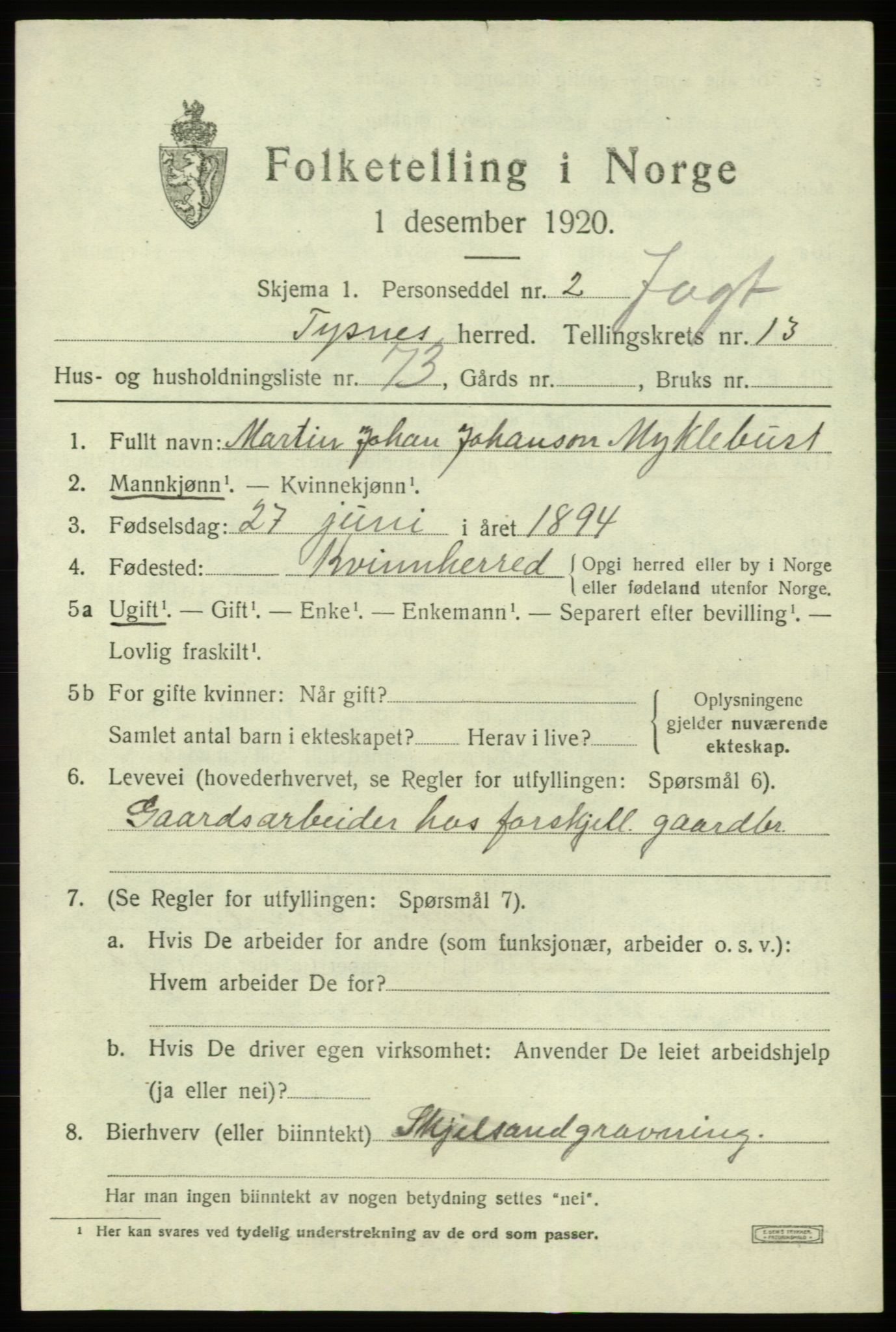 SAB, 1920 census for Tysnes, 1920, p. 9334