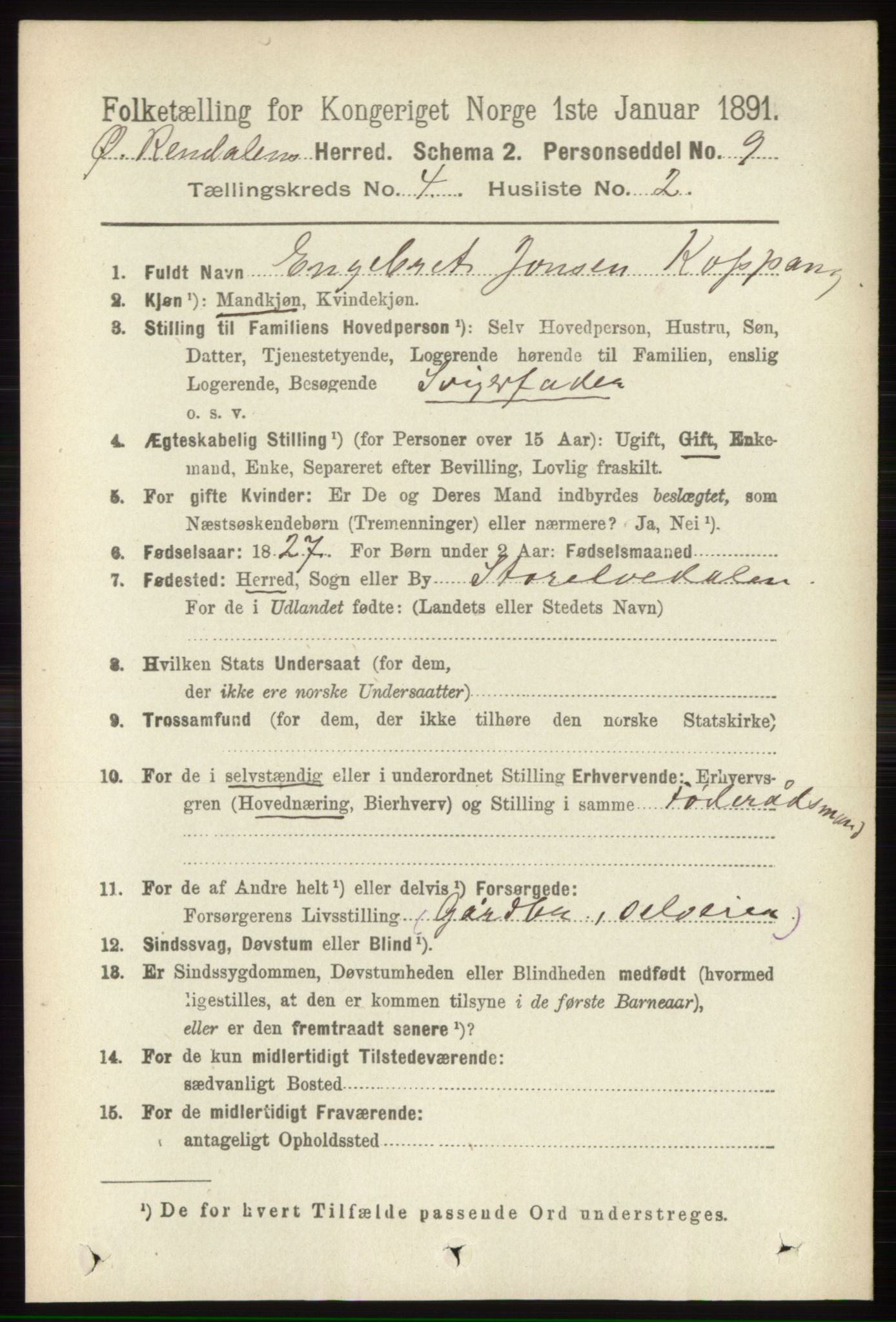 RA, 1891 census for 0433 Øvre Rendal, 1891, p. 992