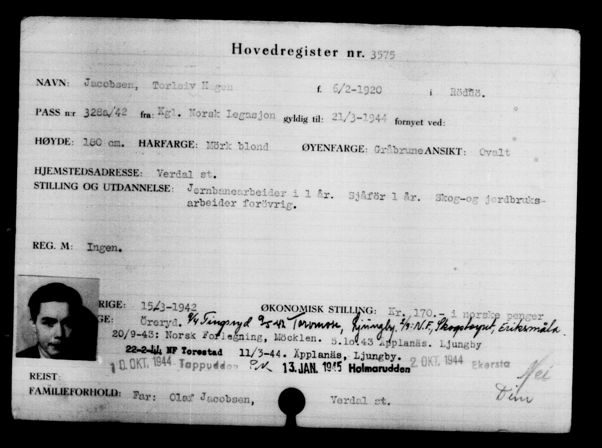 Utenriksstasjonene, Legasjonen i Stockholm, Flyktningkontoret, AV/RA-S-6753/V/Va/L0004: Kjesäterkartoteket, flyktninger med registreringsnr. 3496-6610, 1940-1945, p. 92