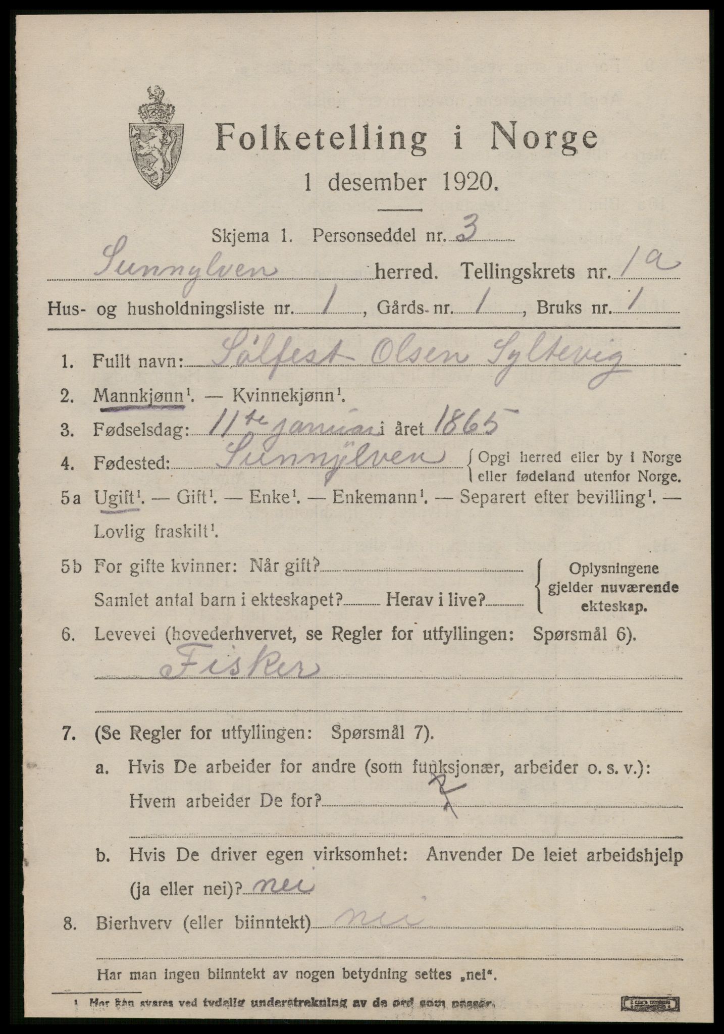 SAT, 1920 census for Sunnylven, 1920, p. 610