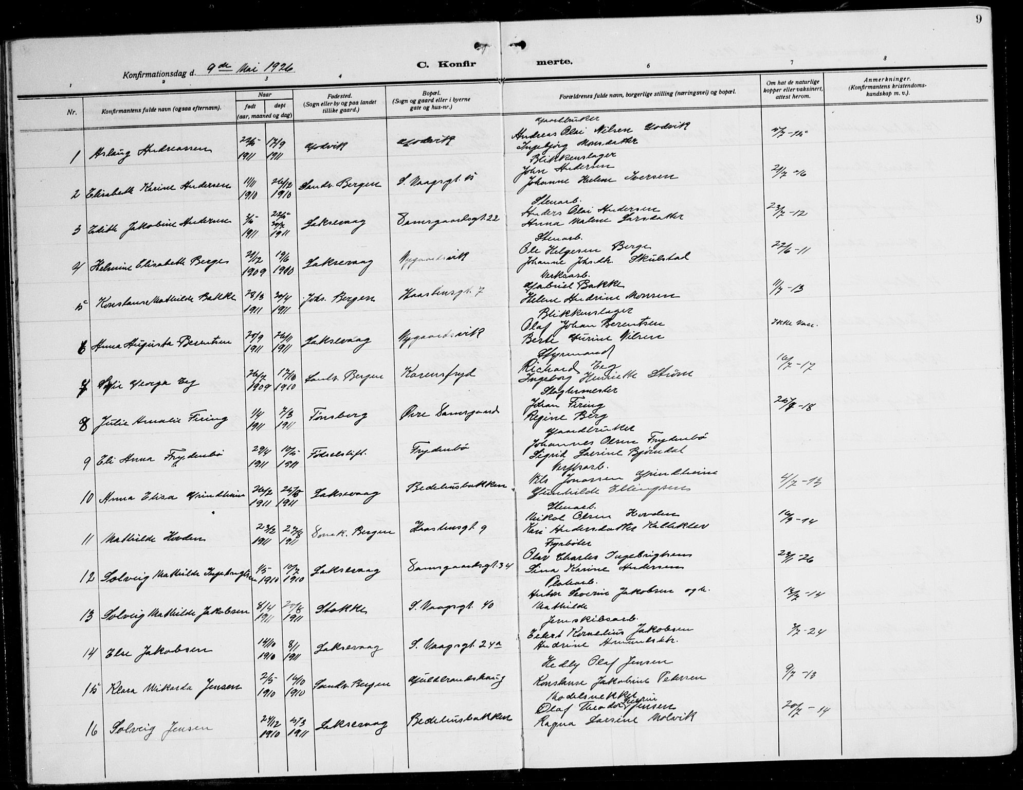 Laksevåg Sokneprestembete, AV/SAB-A-76501/H/Ha/Hab/Haba: Parish register (copy) no. A 10, 1925-1942, p. 9